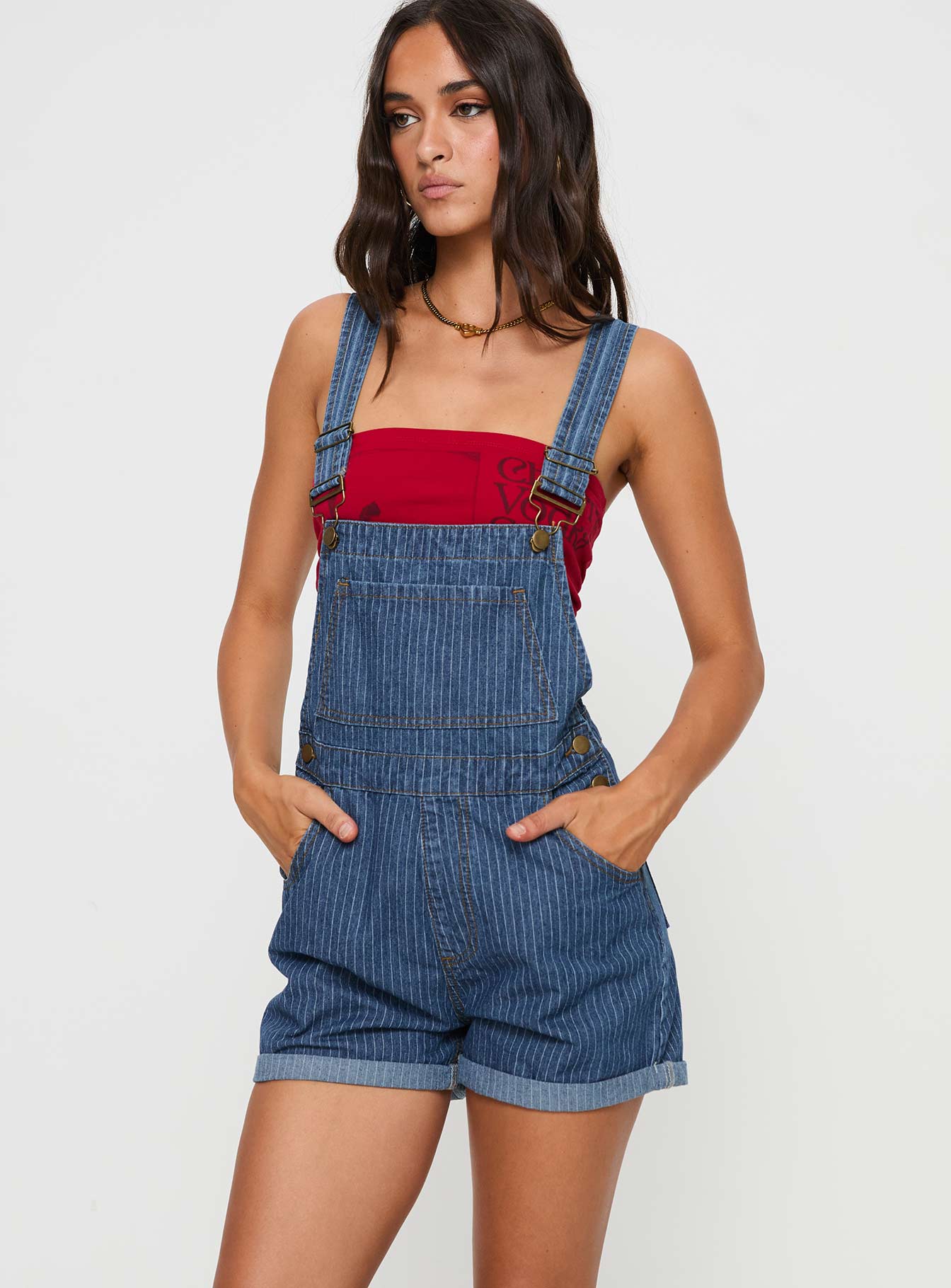Kacey Short Overalls Mid Blue Pinstripe - Image 2