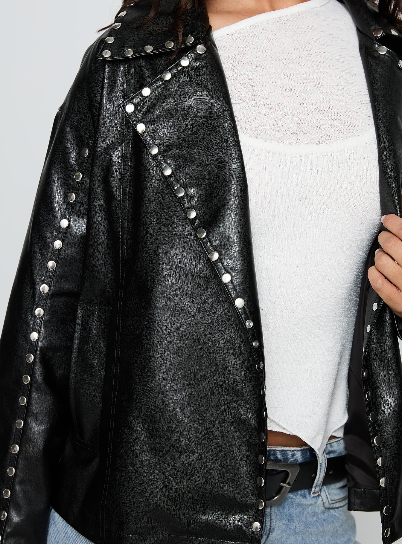 Kaeden Faux Leather Stud Detail Biker Jacket Black - Image 6