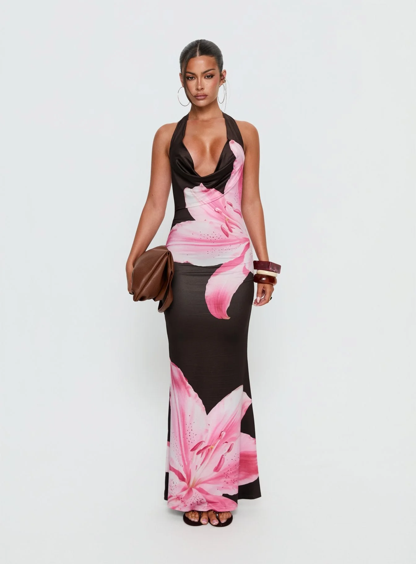 Kanara Halter Plunge Maxi Dress Chocolate / Pink Floral - Image 7