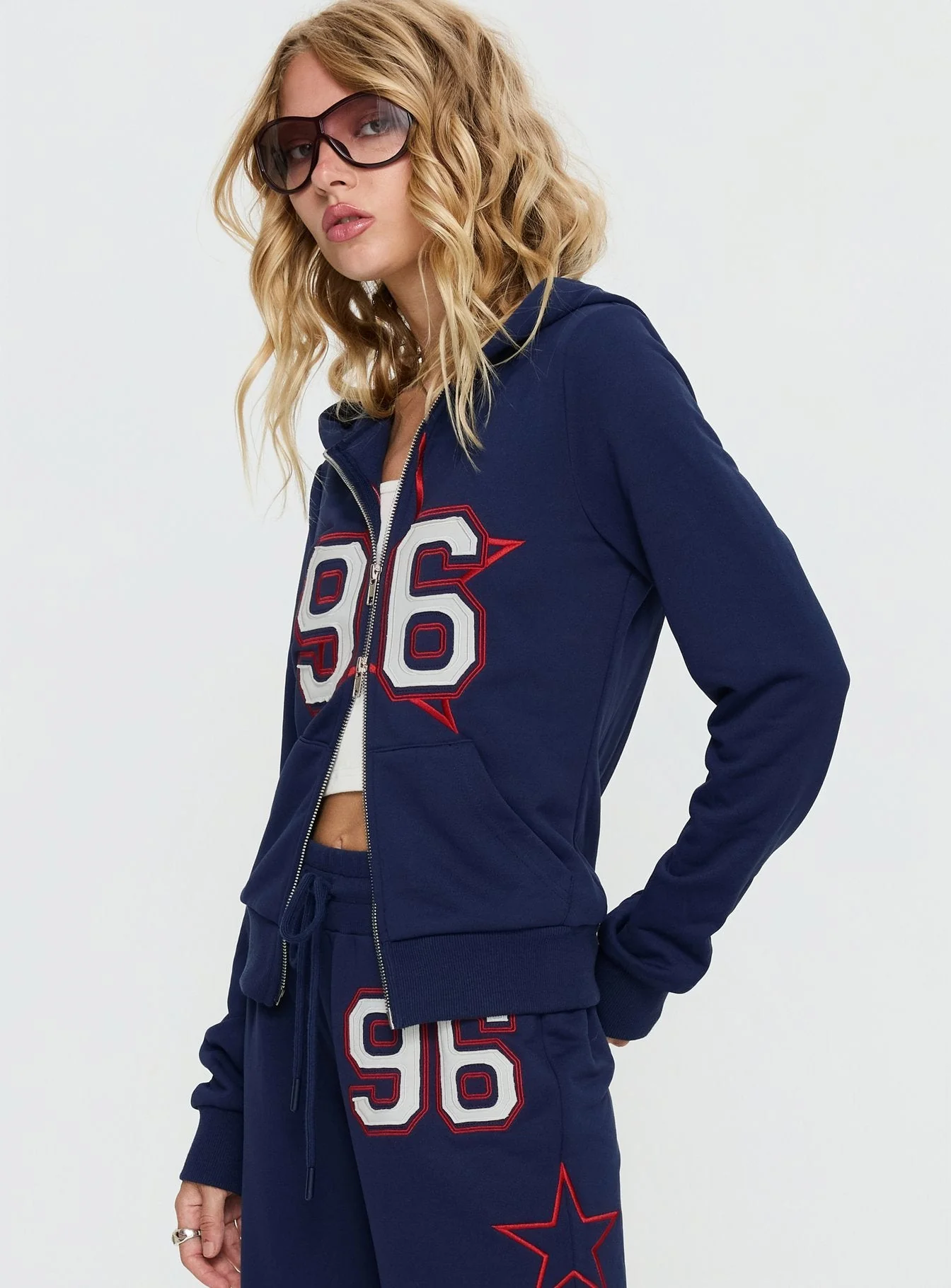 Kari Distressed Zip Through Top Navy Multi - Image 4
