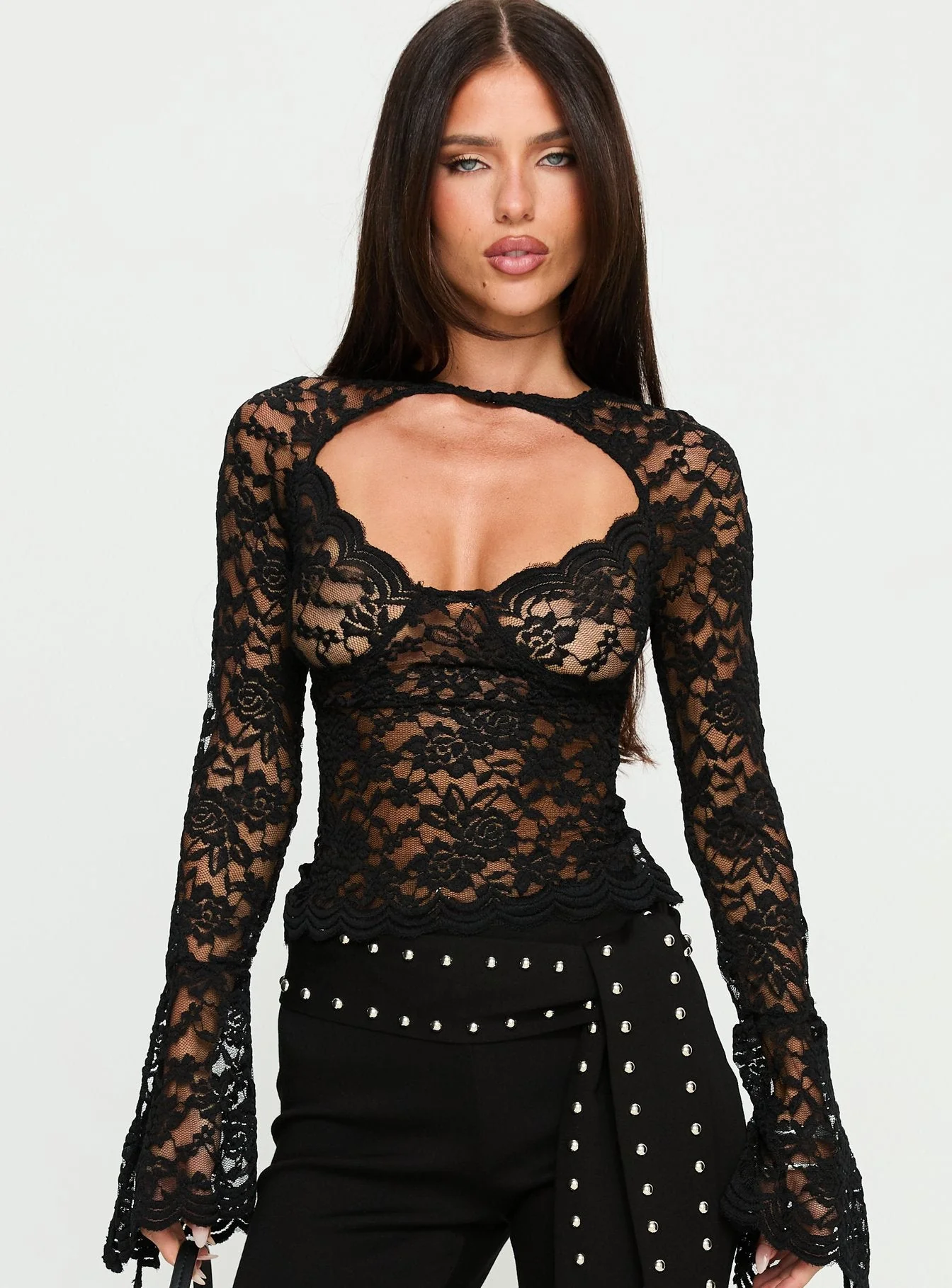 Karmel Lace Long Sleeve Top Black - Image 2
