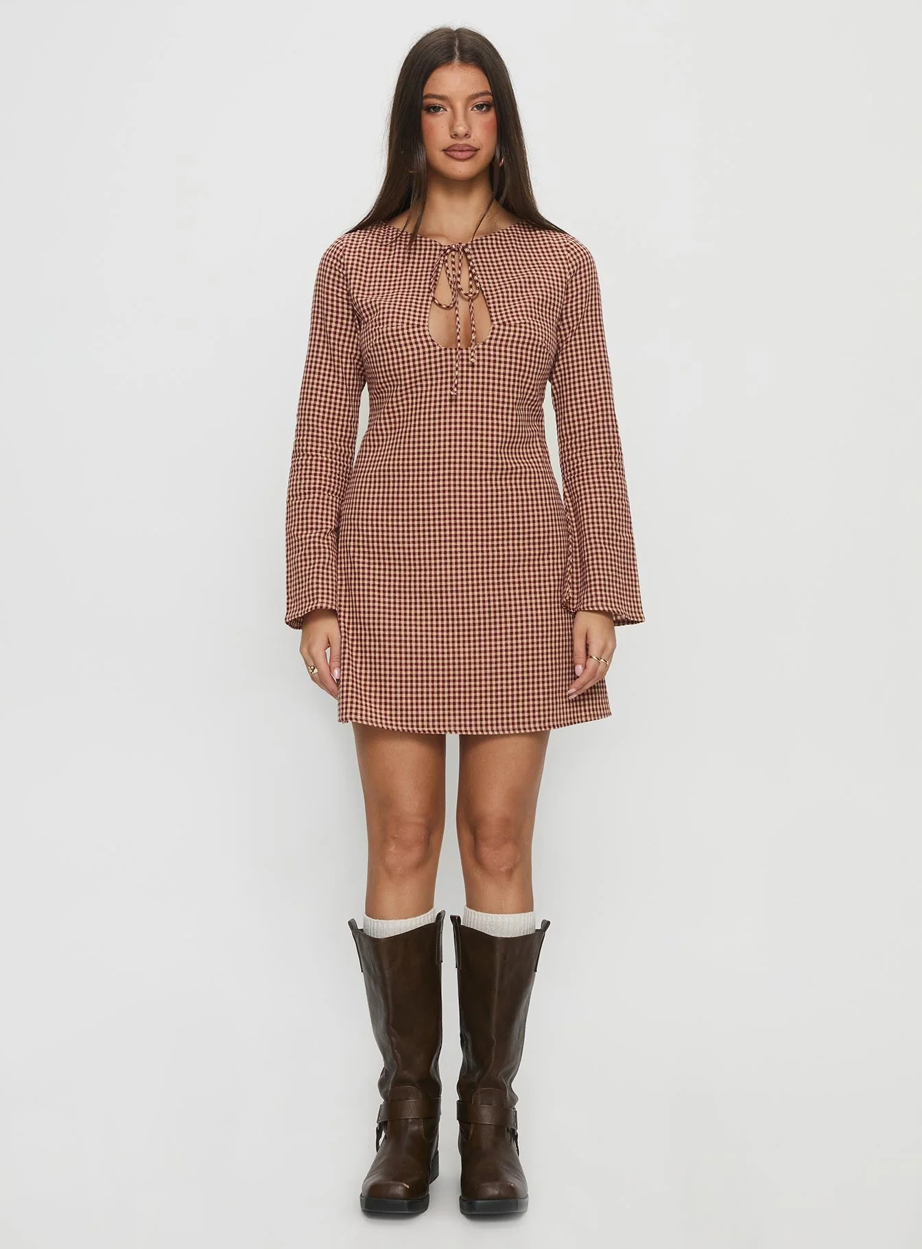 Kassidee Keyhole Long Sleeve Mini Dress Red Check - Image 7