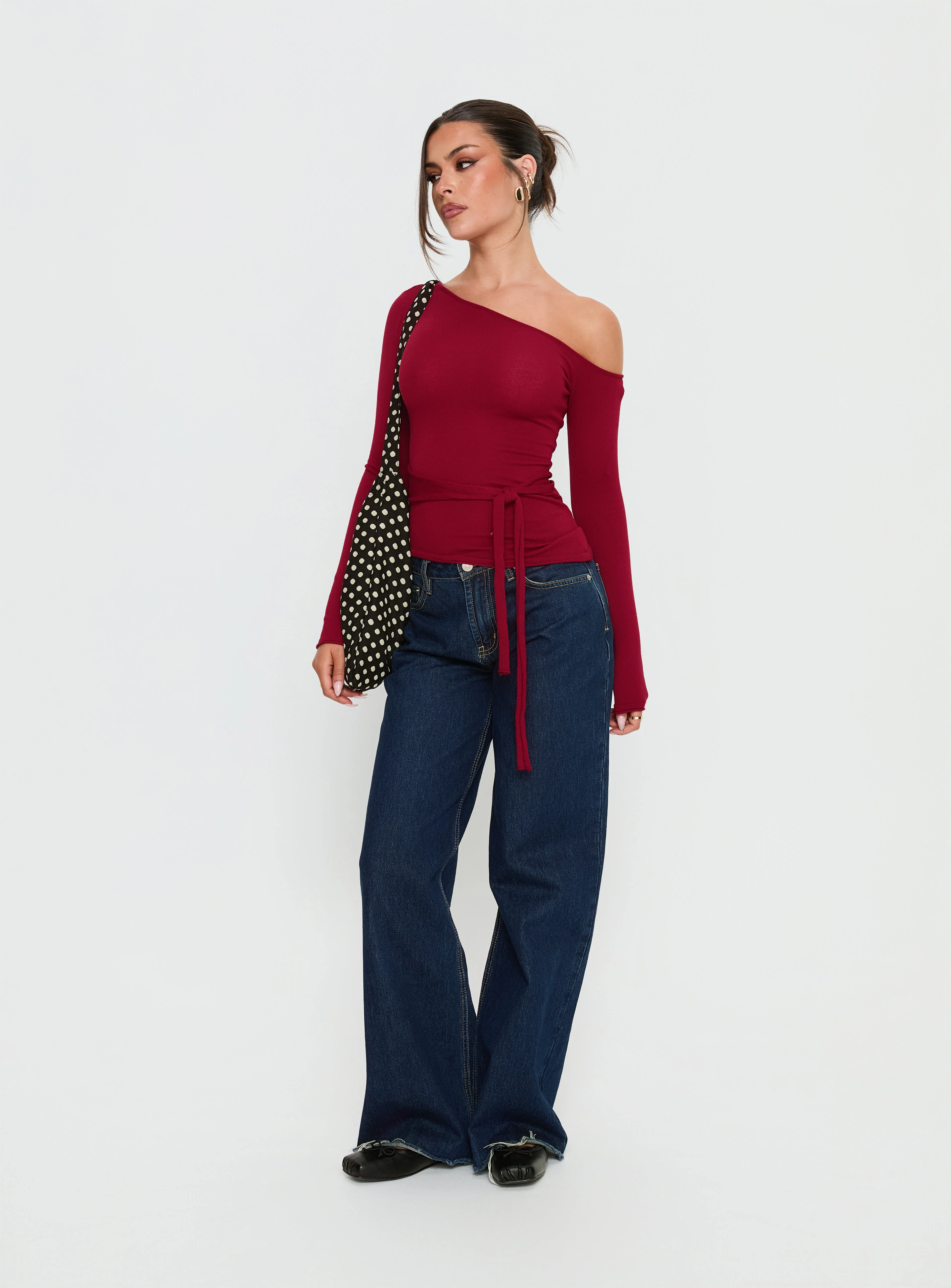 Kastor One Shoulder Long Sleeve Top Burgundy - Image 2