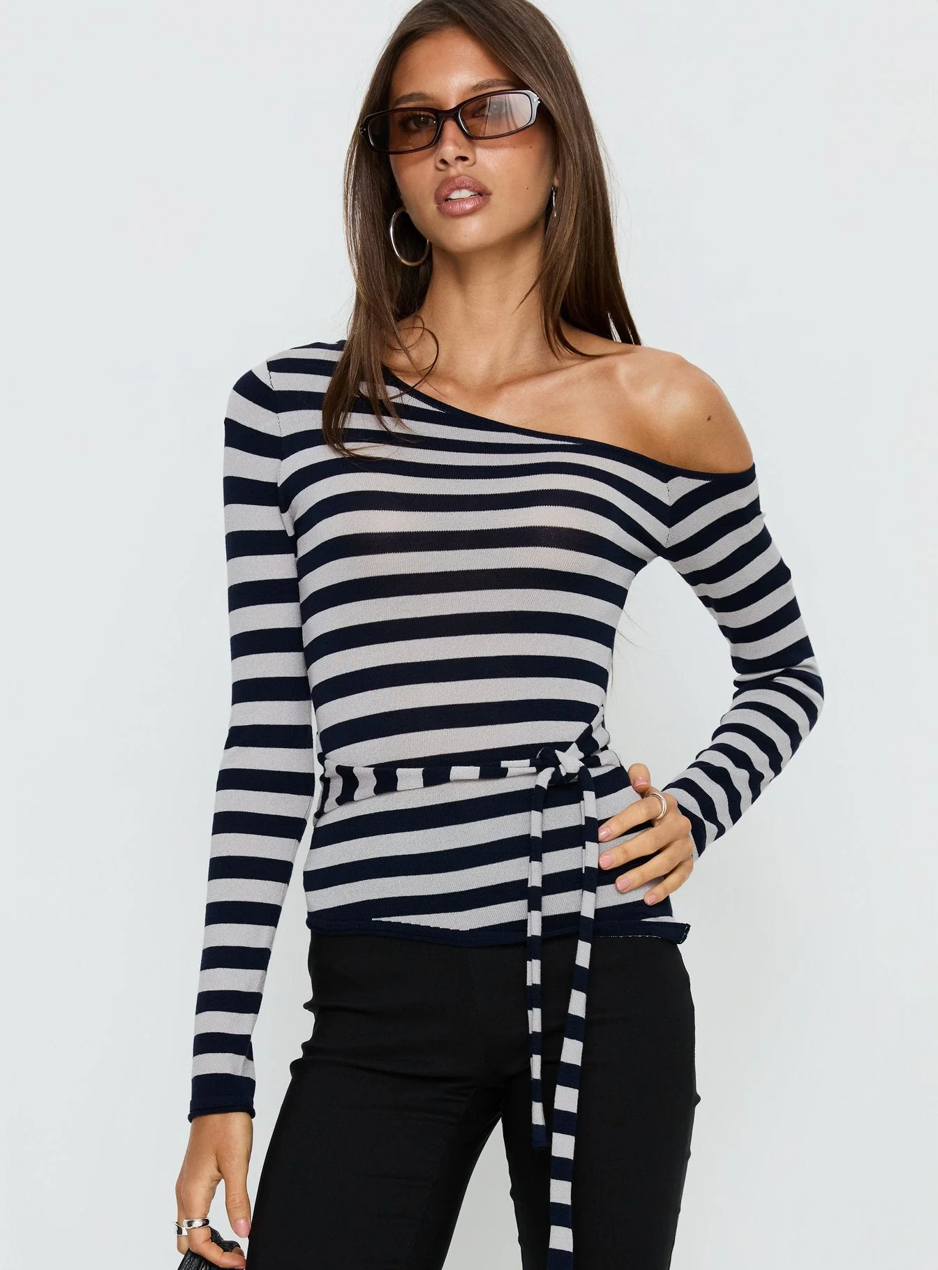 Kastor One Shoulder Long Sleeve Top Navy / Grey Stripe - Image 2