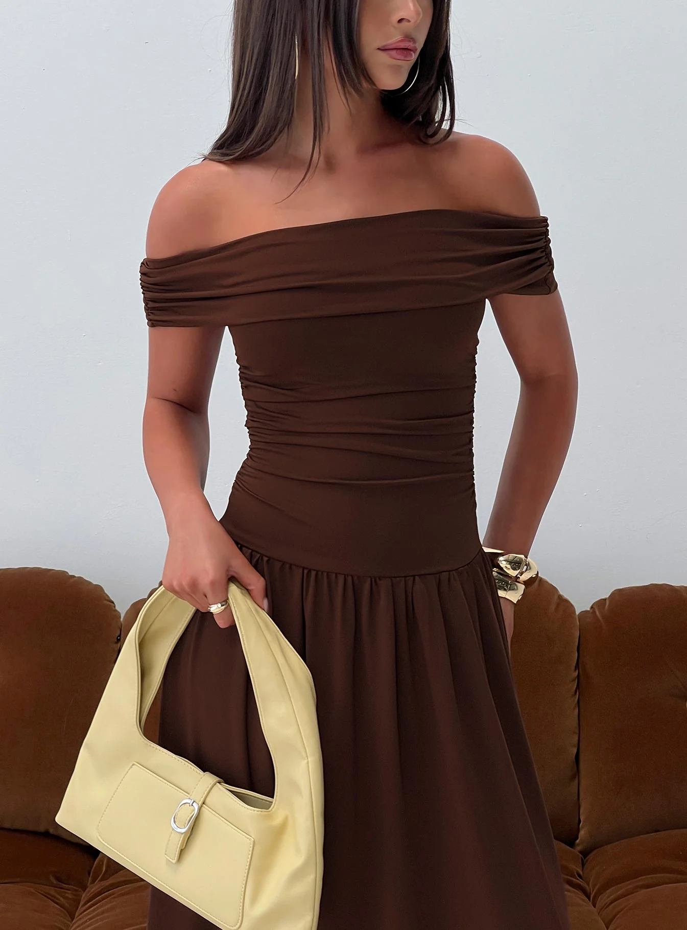 Katalia Off Shoulder Maxi Dress Chocolate Brown - Image 8