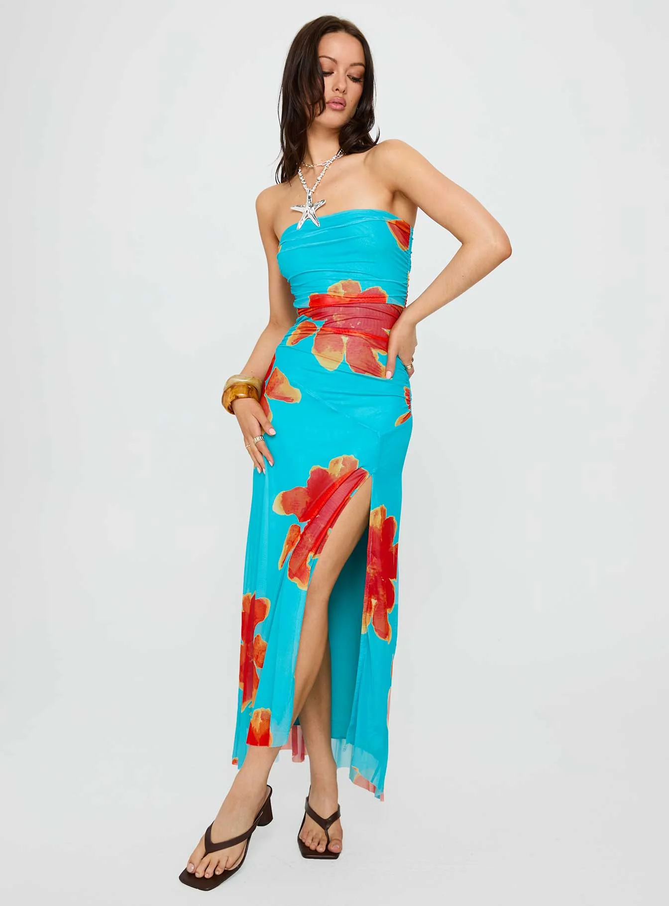Katara Strapless Maxi Dress Blue / Orange Floral - Image 2