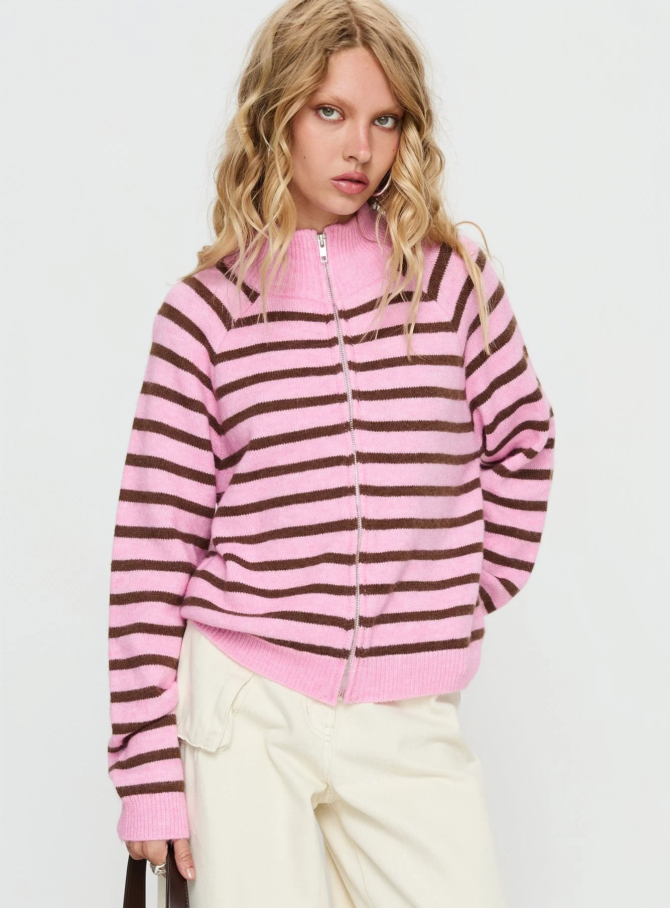 Kaylei Zip Through Cardigan Pink Stripe - Image 2