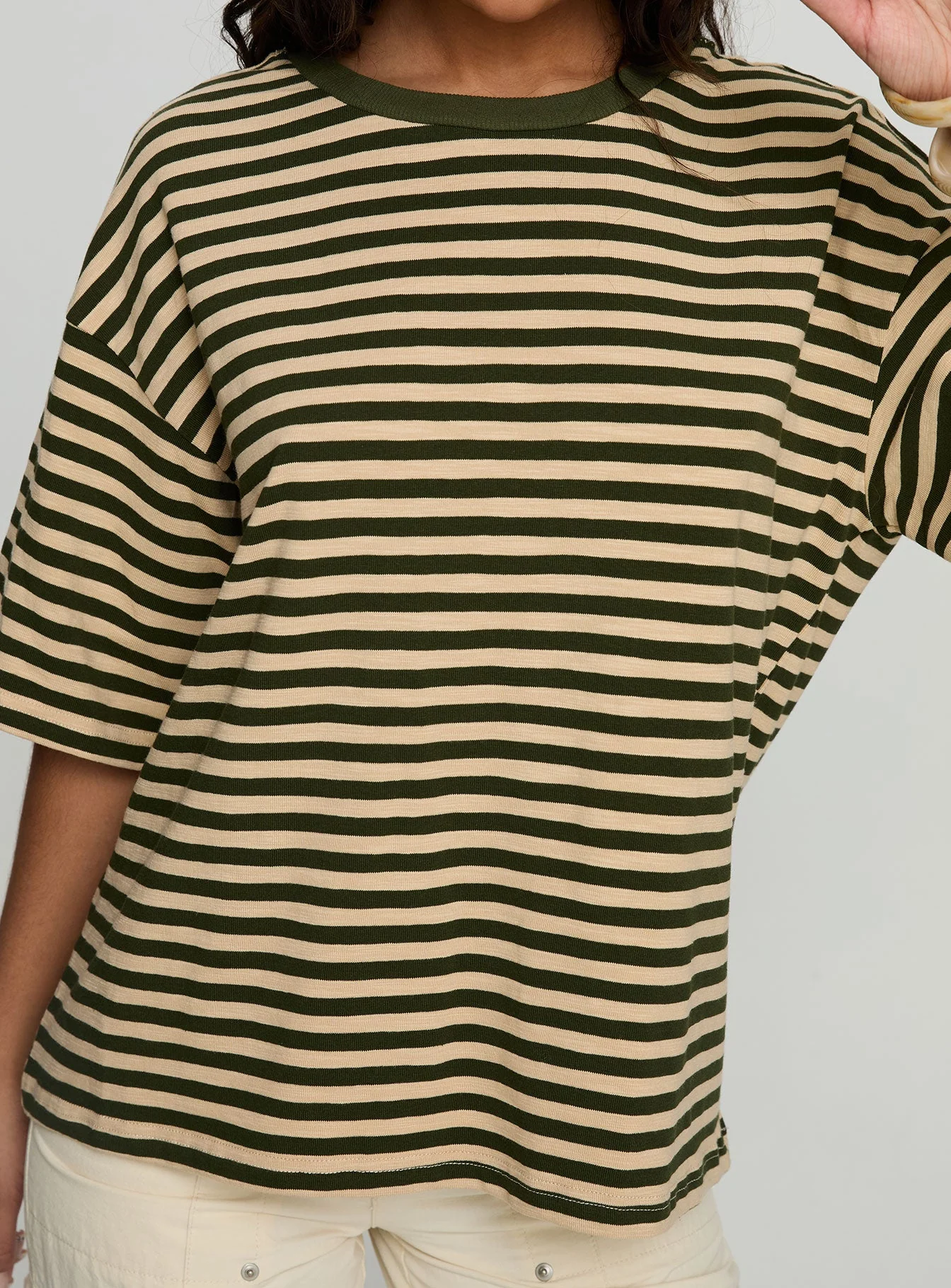 Settle Down Short Sleeve Top Green / Cream Stripe - Image 6