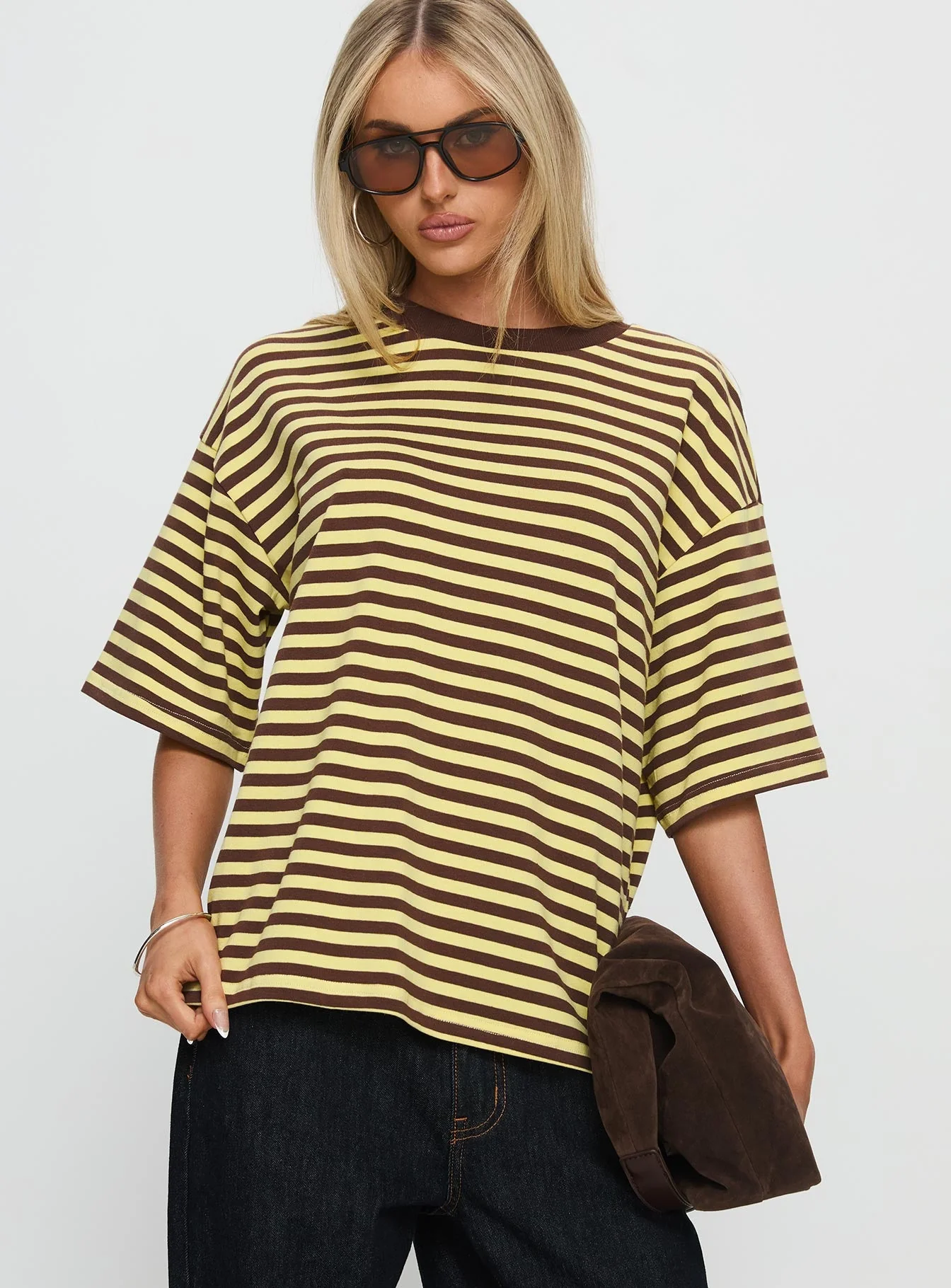 Settle Down Short Sleeve Top Yellow / Brown Stripe - Image 2