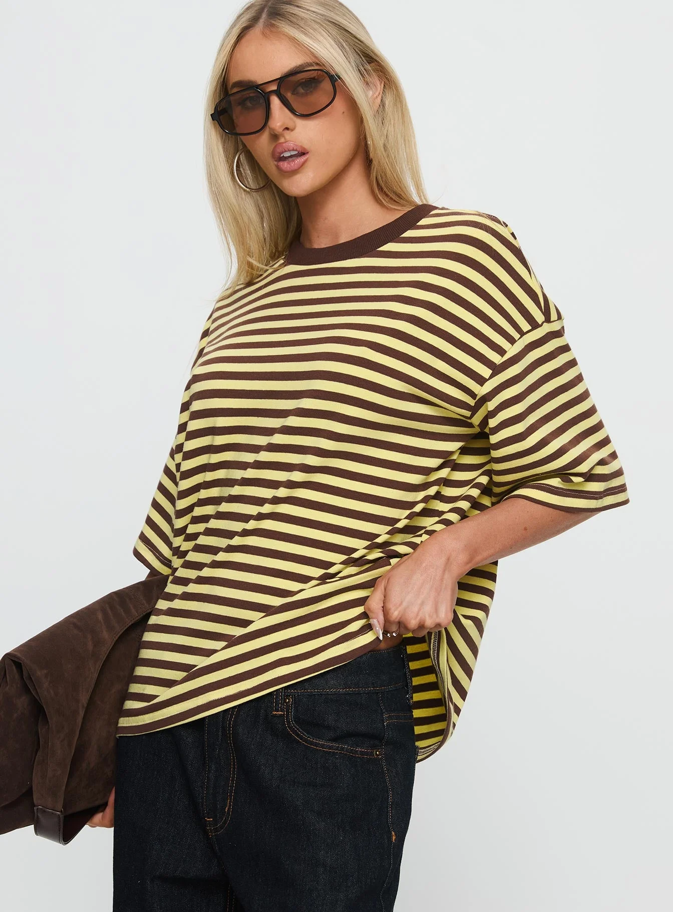 Settle Down Short Sleeve Top Yellow / Brown Stripe - Image 4