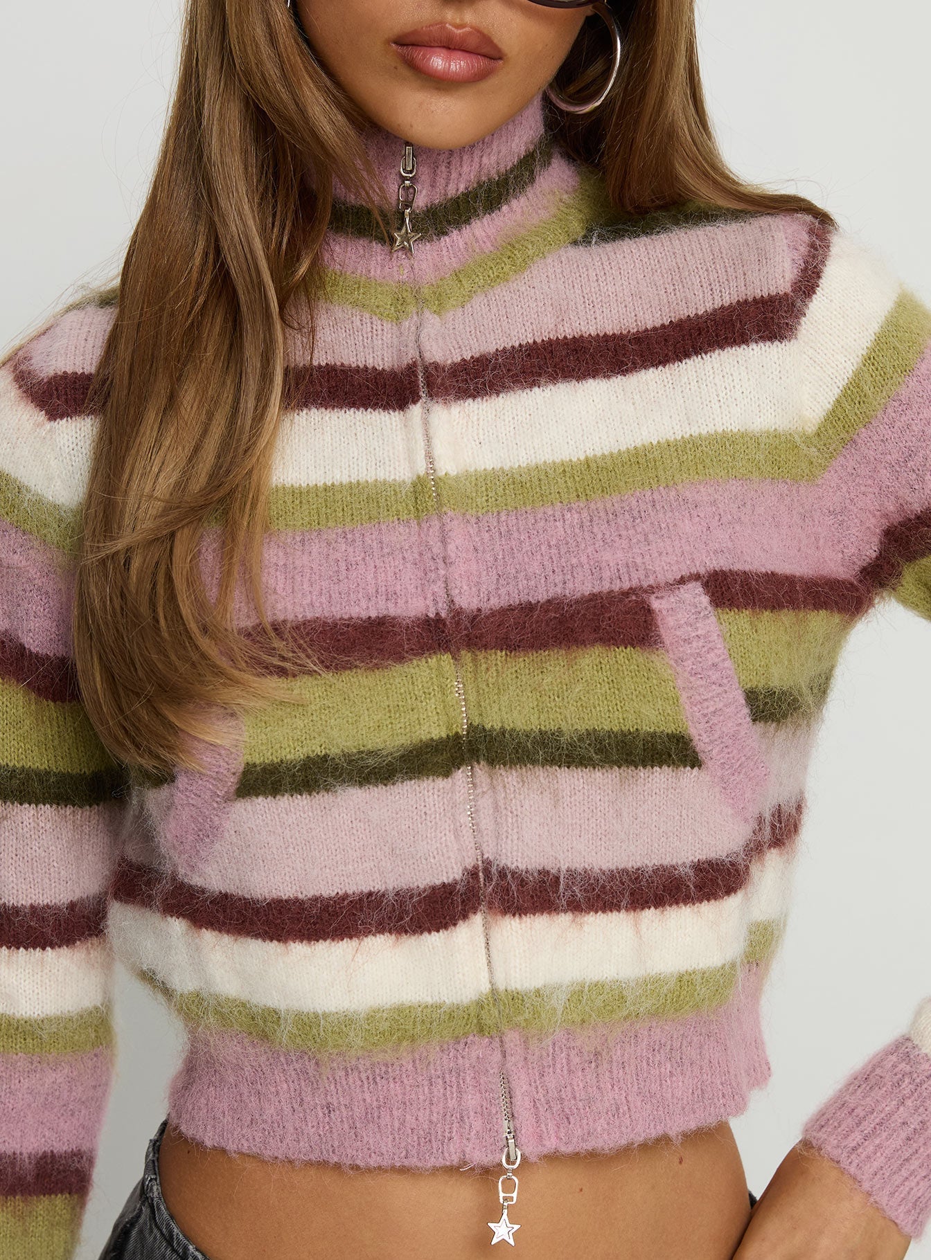 Keeva Zip Through Knit Jumper Pink / Green Stripe - Image 6