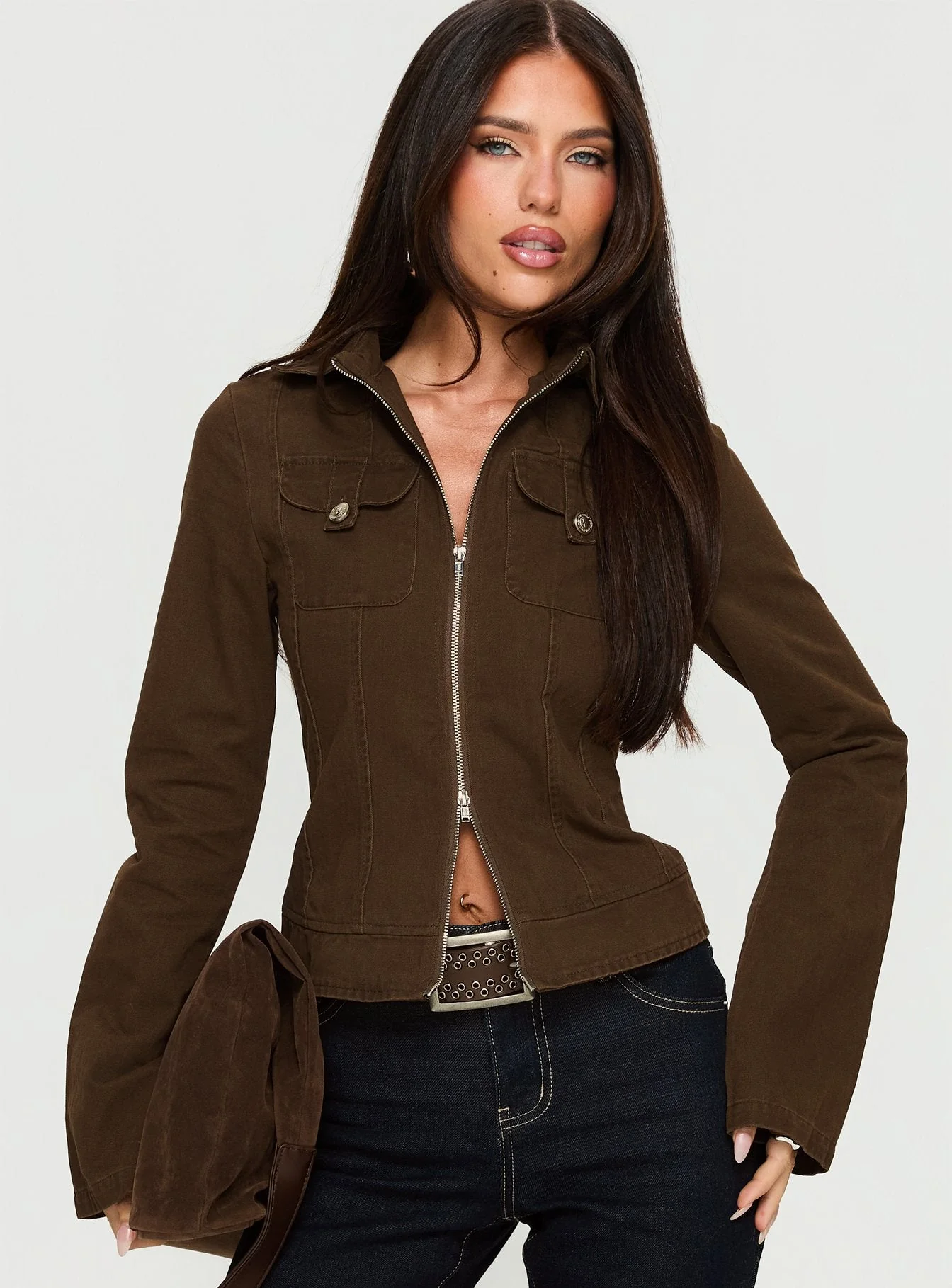 Kelehan Long Sleeve Zip Front Top Stonewashed Brown - Image 2