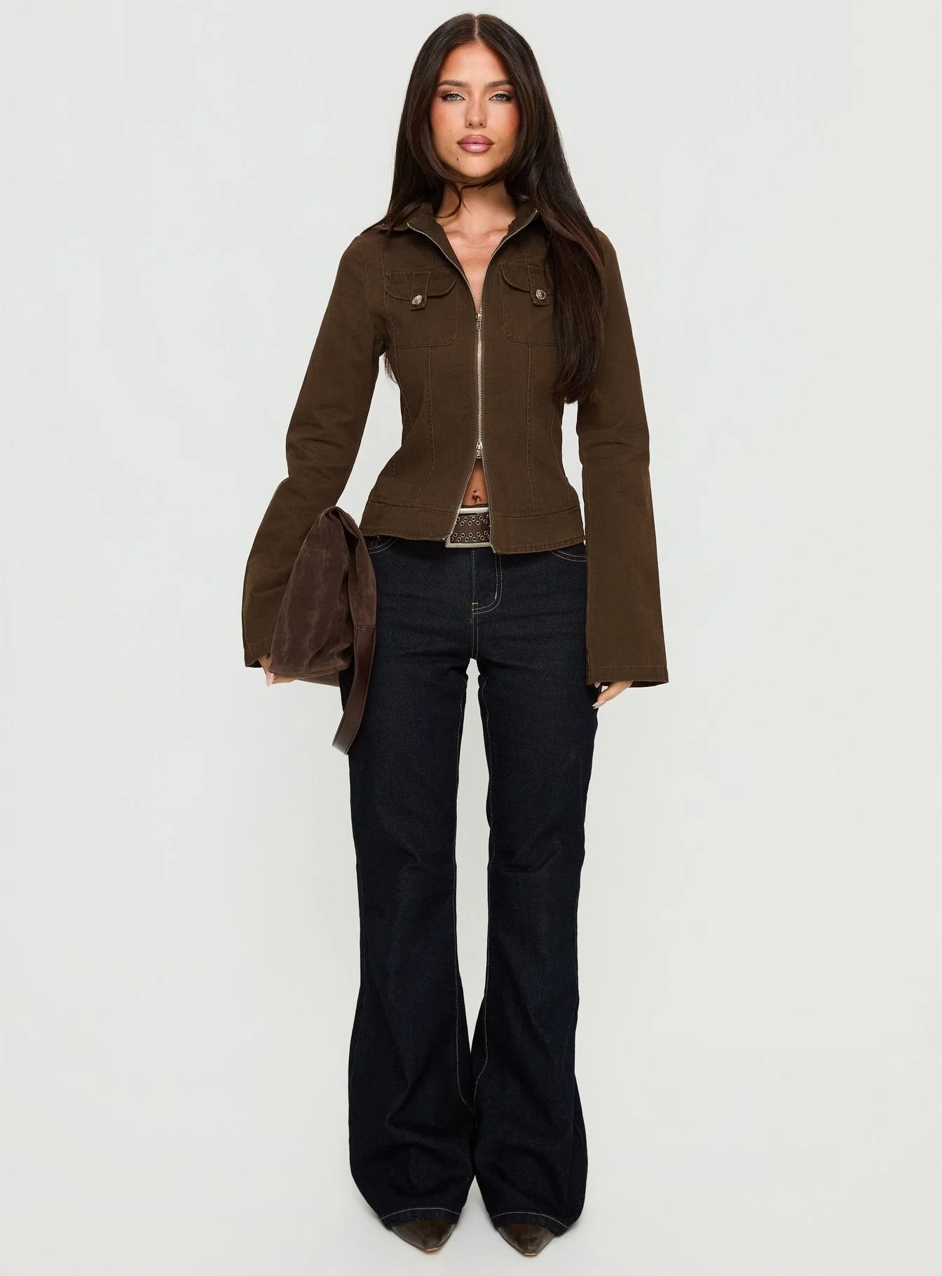 Kelehan Long Sleeve Zip Front Top Stonewashed Brown - Image 7