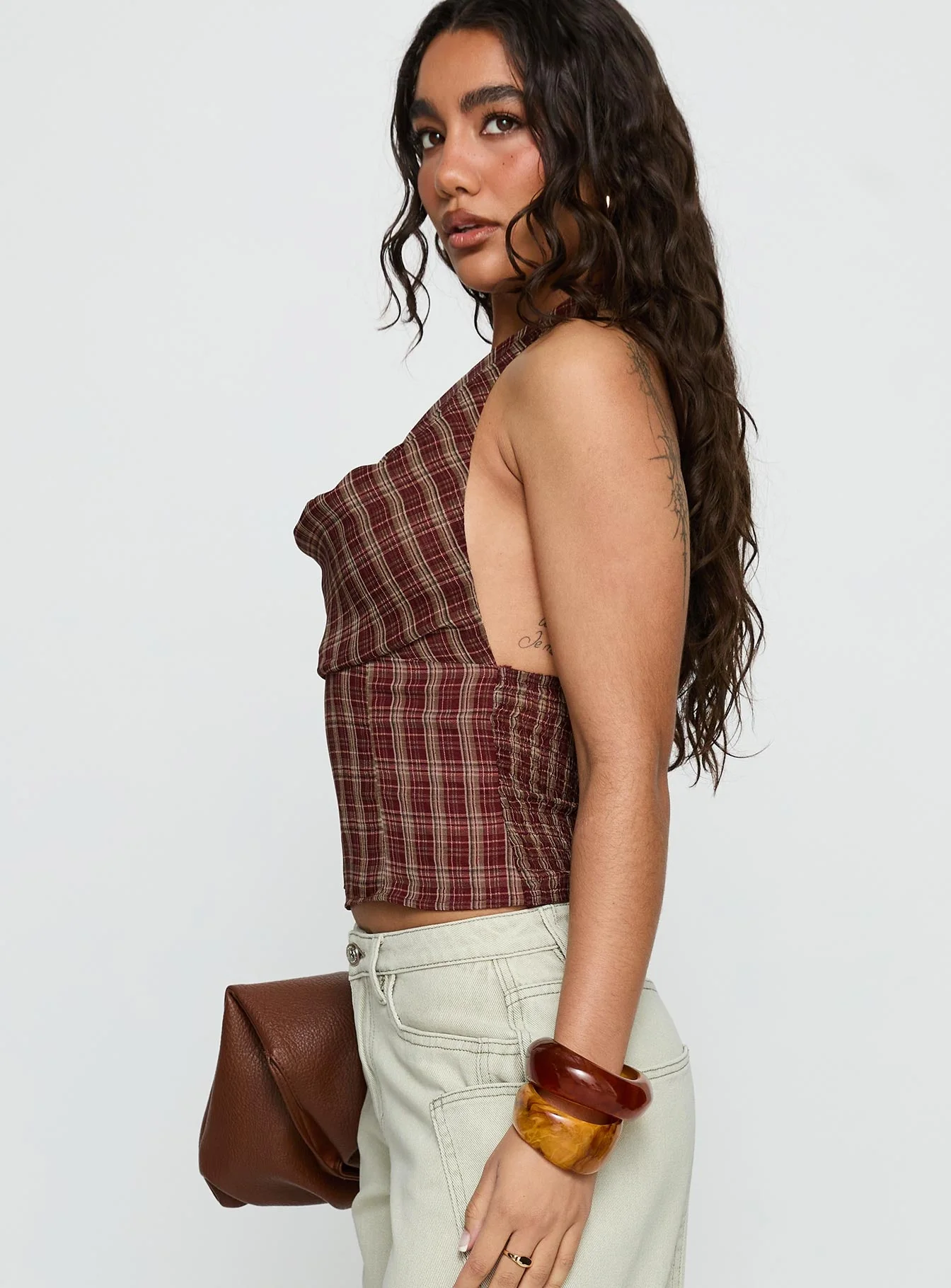 Kendia Plunge Halter Top Red Check - Image 4