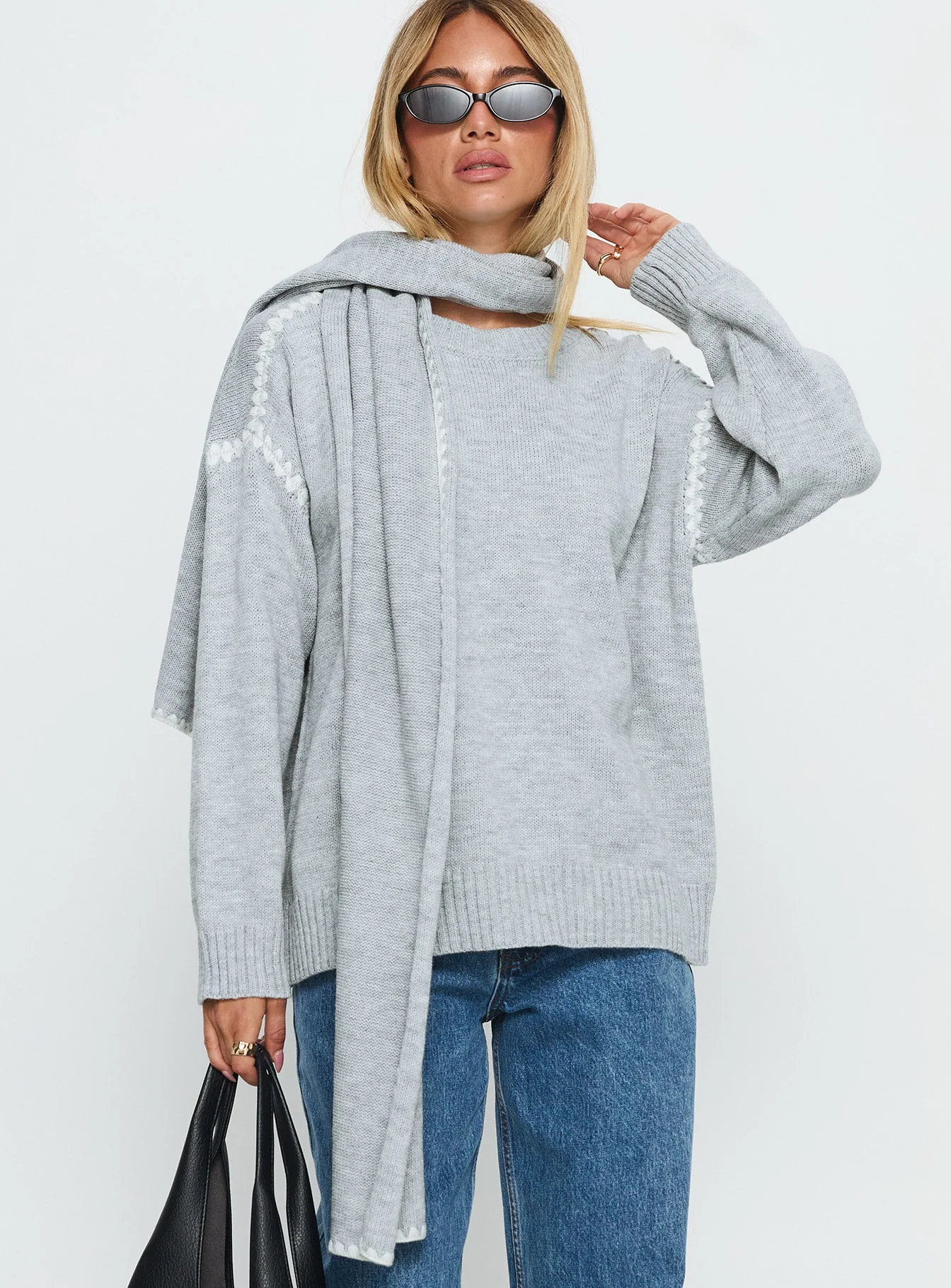 Keriana Contrast Stitch Knit Sweater Grey / White - Image 2