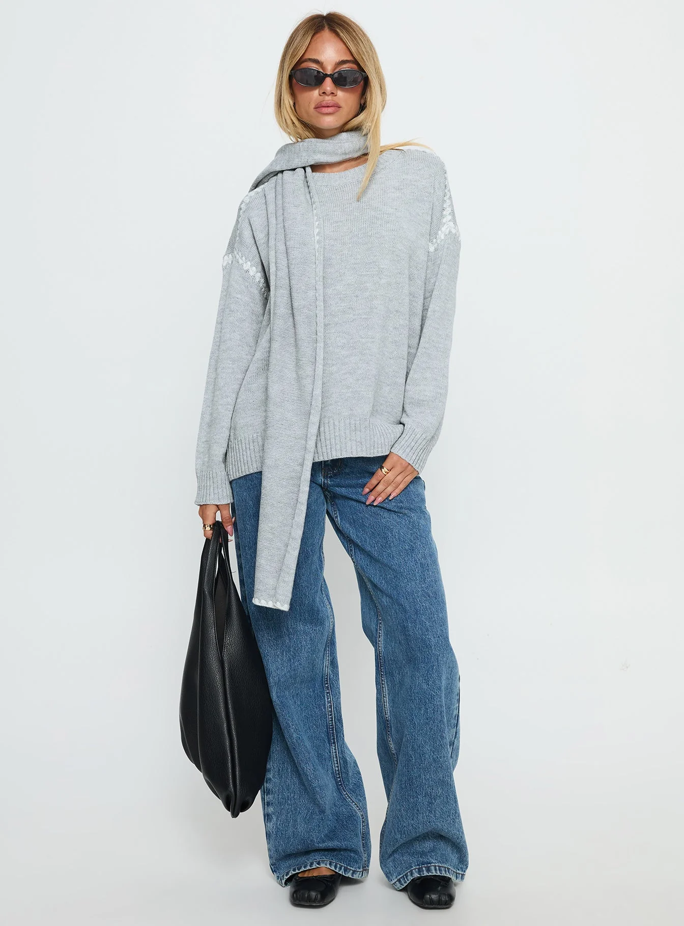 Keriana Contrast Stitch Knit Sweater Grey / White - Image 3