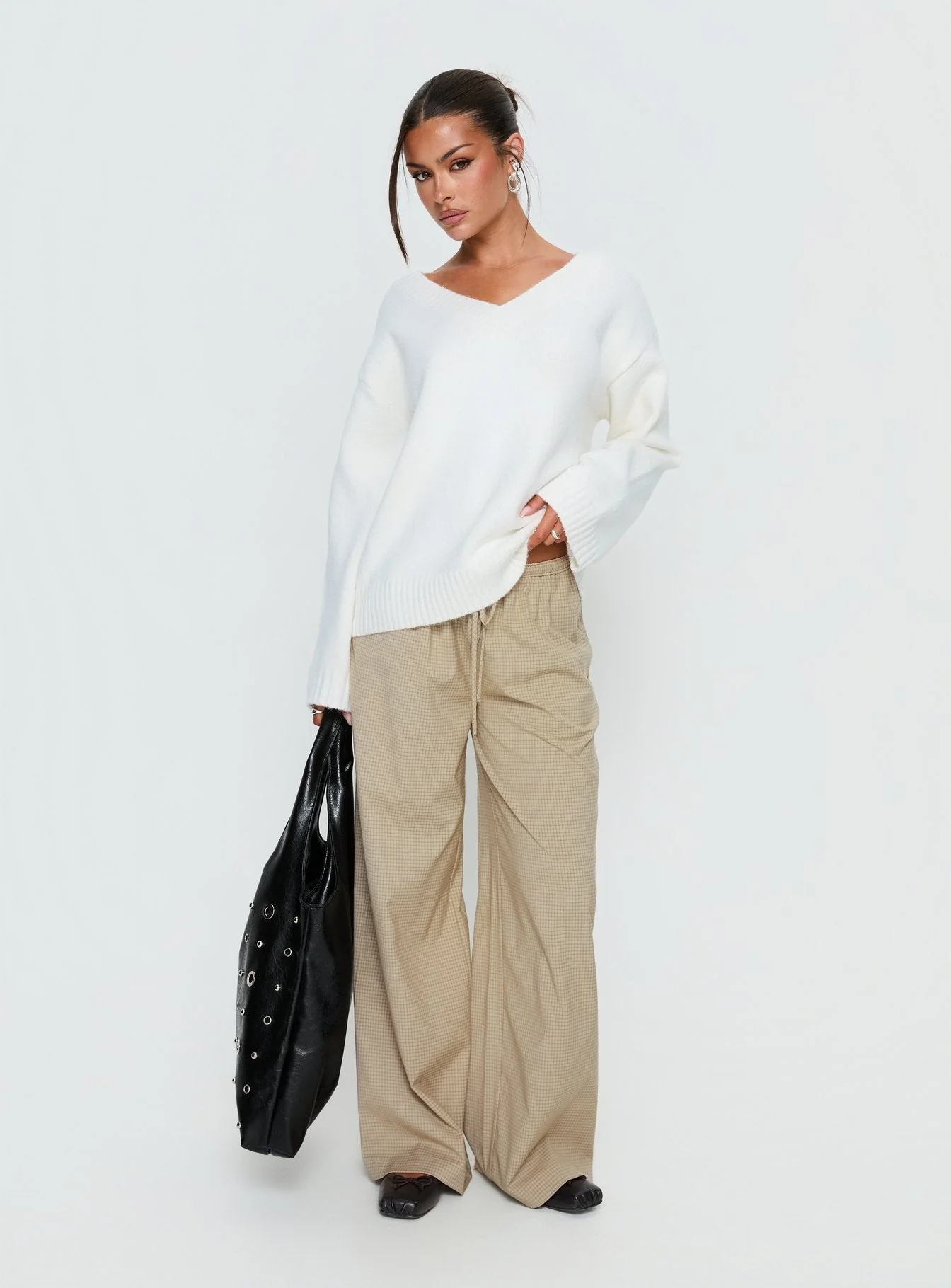 Ketrina Tie Waist Pants Beige Plaid - Image 2
