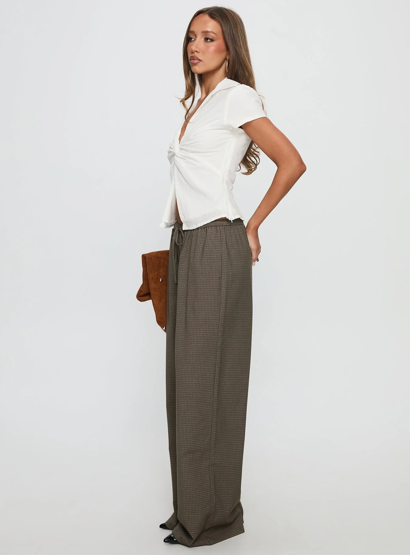 Ketrina Tie Waist Pants Brown Plaid - Image 3