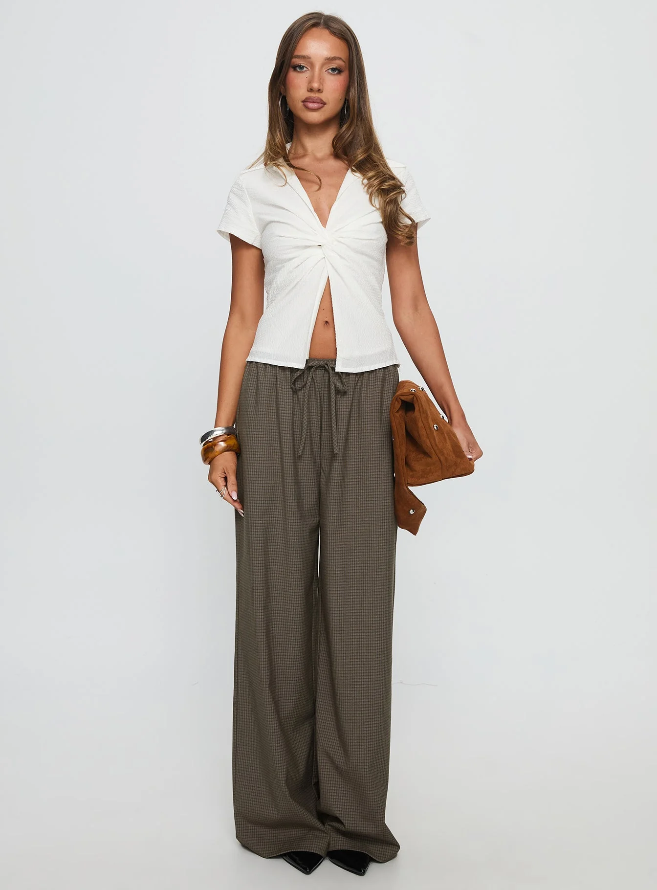 Ketrina Tie Waist Pants Brown Plaid - Image 6