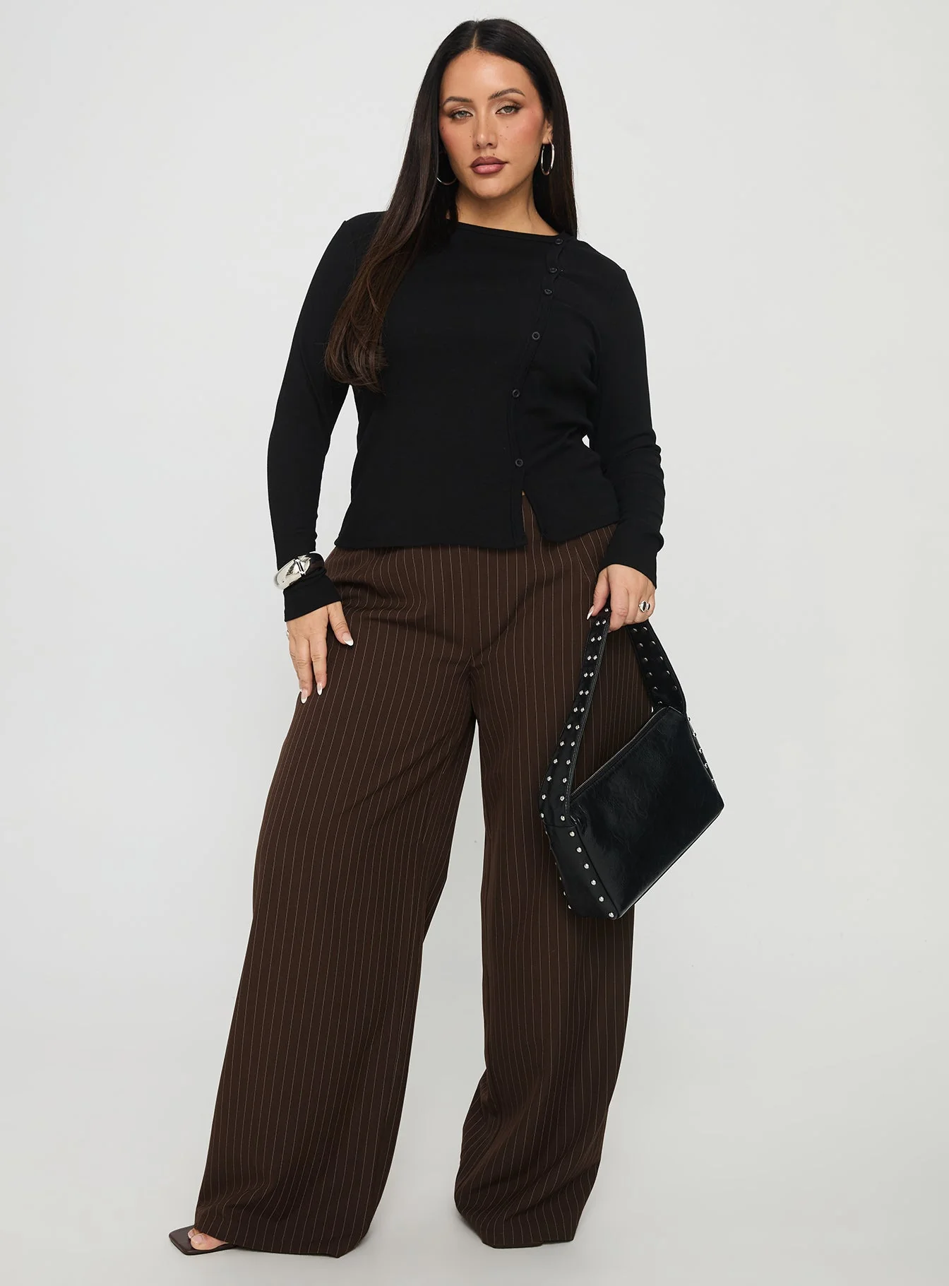 Khane Low Rise Wide Leg Pant Brown Pinstripe Curve - Image 3