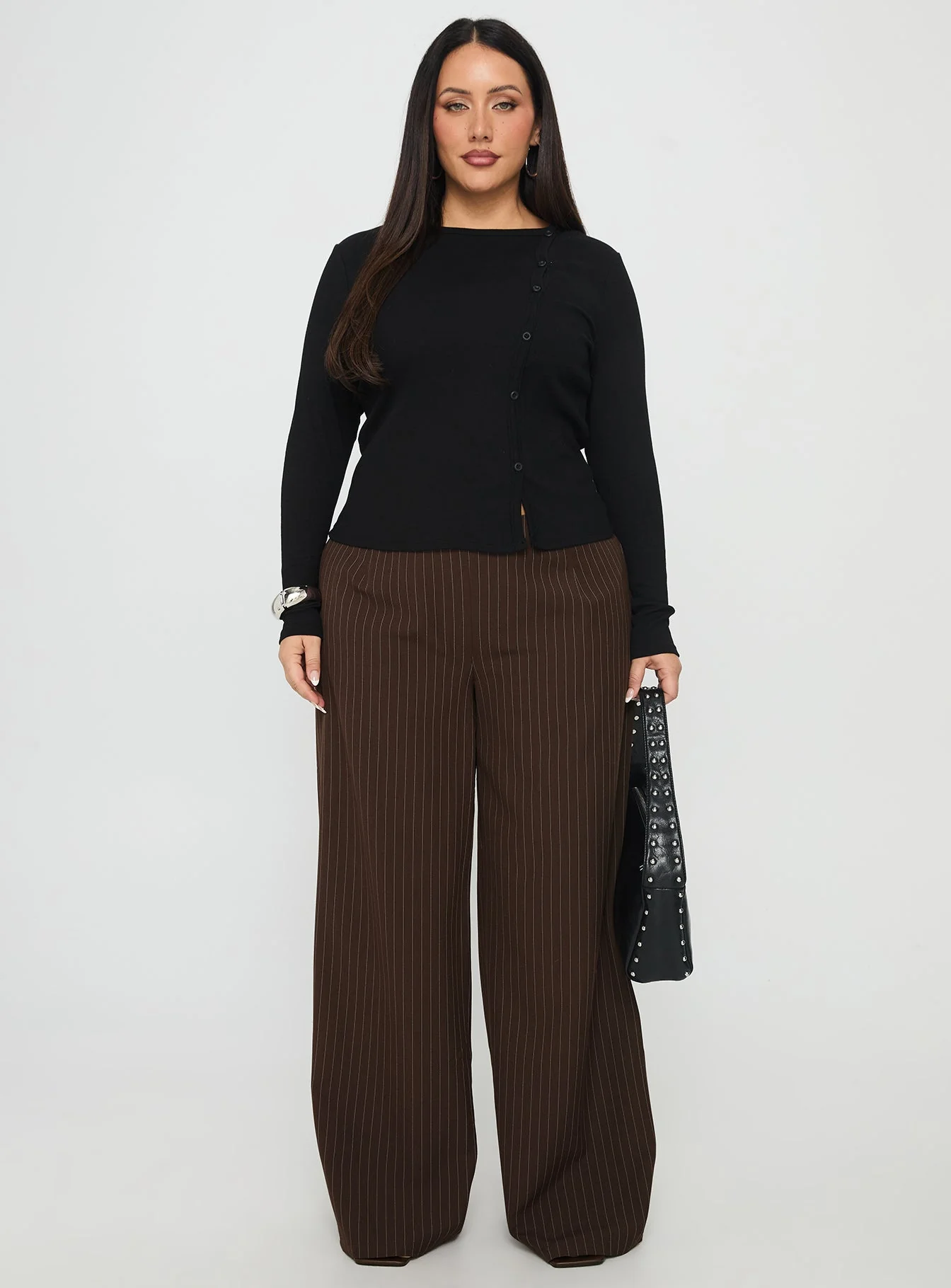 Khane Low Rise Wide Leg Pant Brown Pinstripe Curve - Image 7