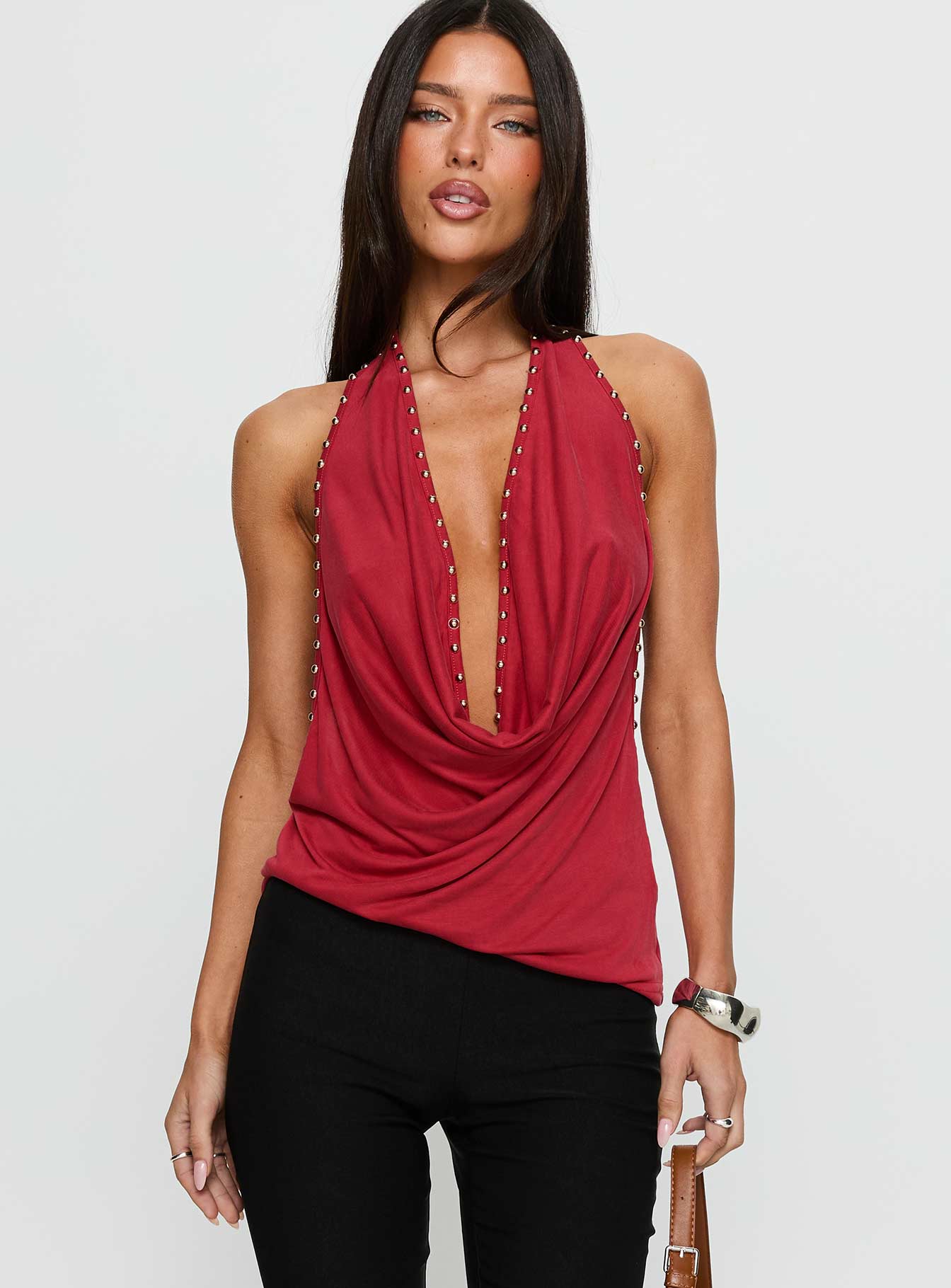 Khoda Studded Halter Top Burgundy - Image 2