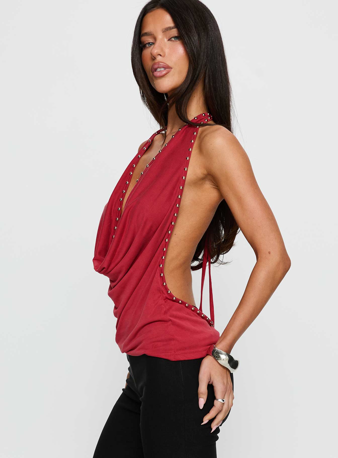 Khoda Studded Halter Top Burgundy - Image 4