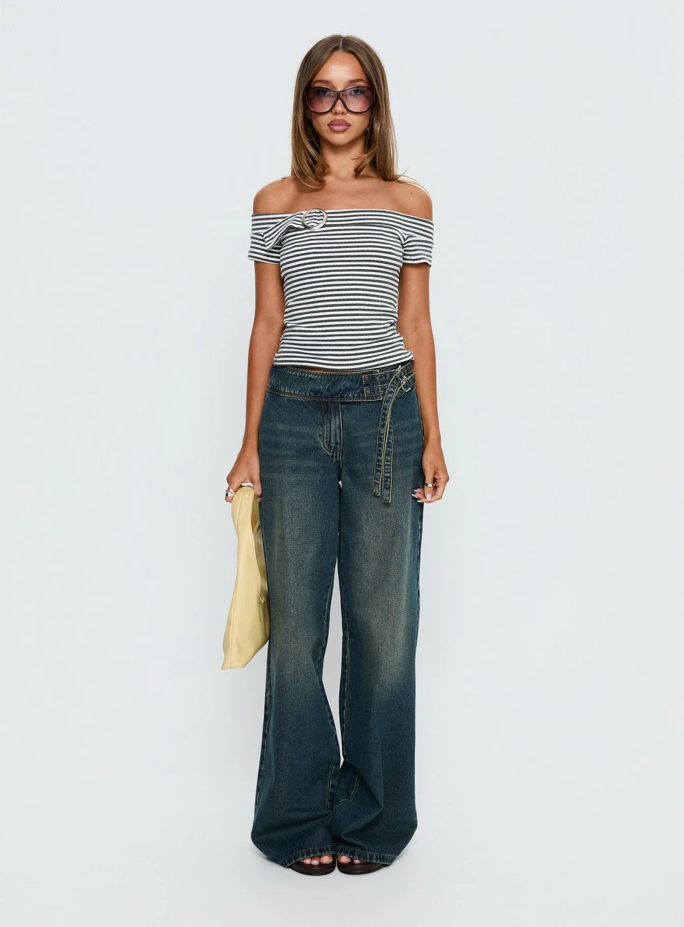 Kiela Off Shoulder Hardware Detail Top Grey / White Stripe - Image 7