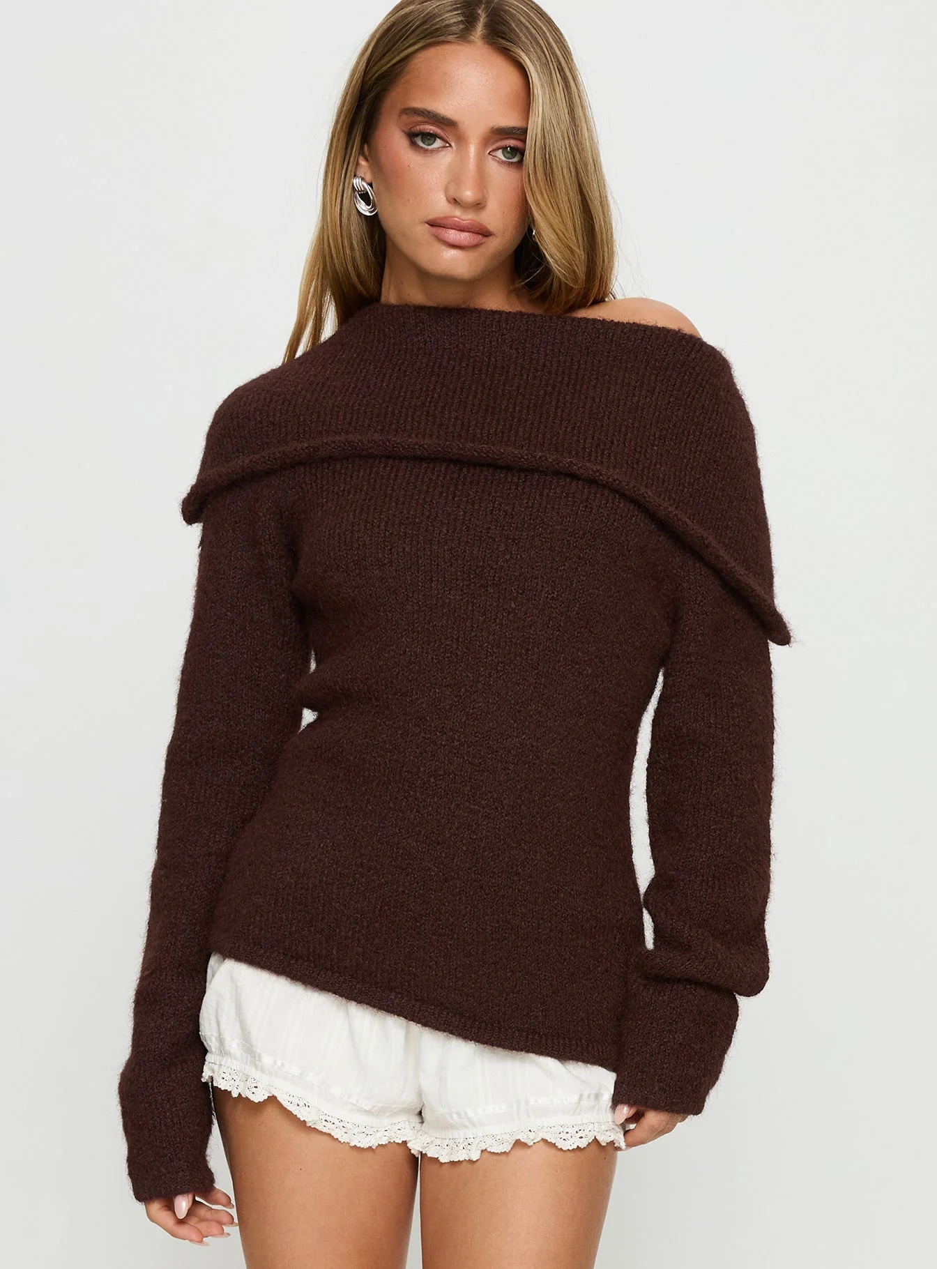 Kinslea Off Shoulder Knit Sweater Brown - Image 2