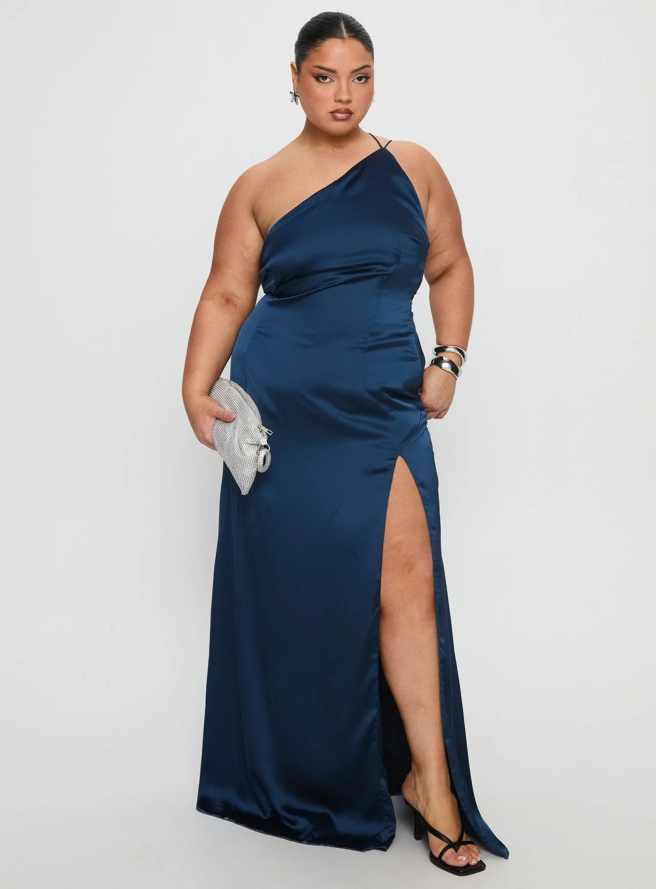 Kiss Of Life Satin Maxi Dress Navy Curve - Image 2