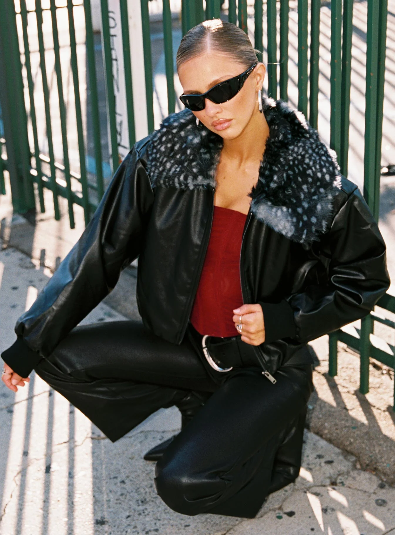 Koemi Faux Leather Collared Jacket Black - Image 8
