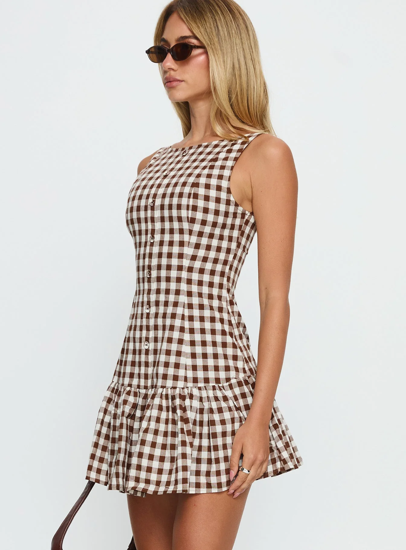 Kolbie Boat Neck Frill Mini Dress Brown Gingham - Image 3