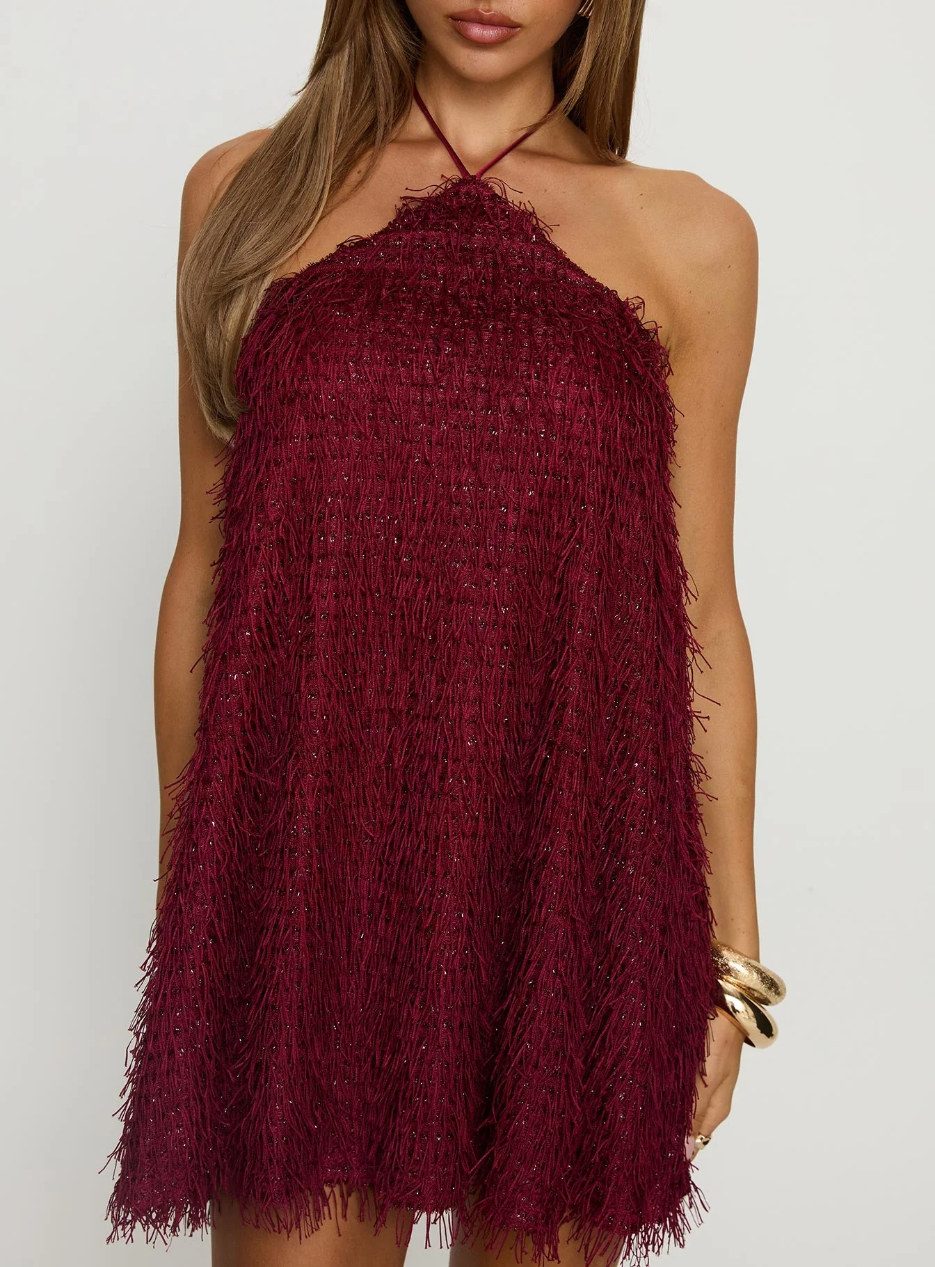 Koressa Halter Fringe Mini Dress Burgundy - Image 6