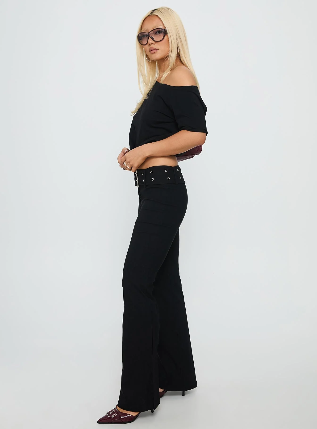 Kortnee Eyelet Detail Flare Leg Pants Black - Image 4