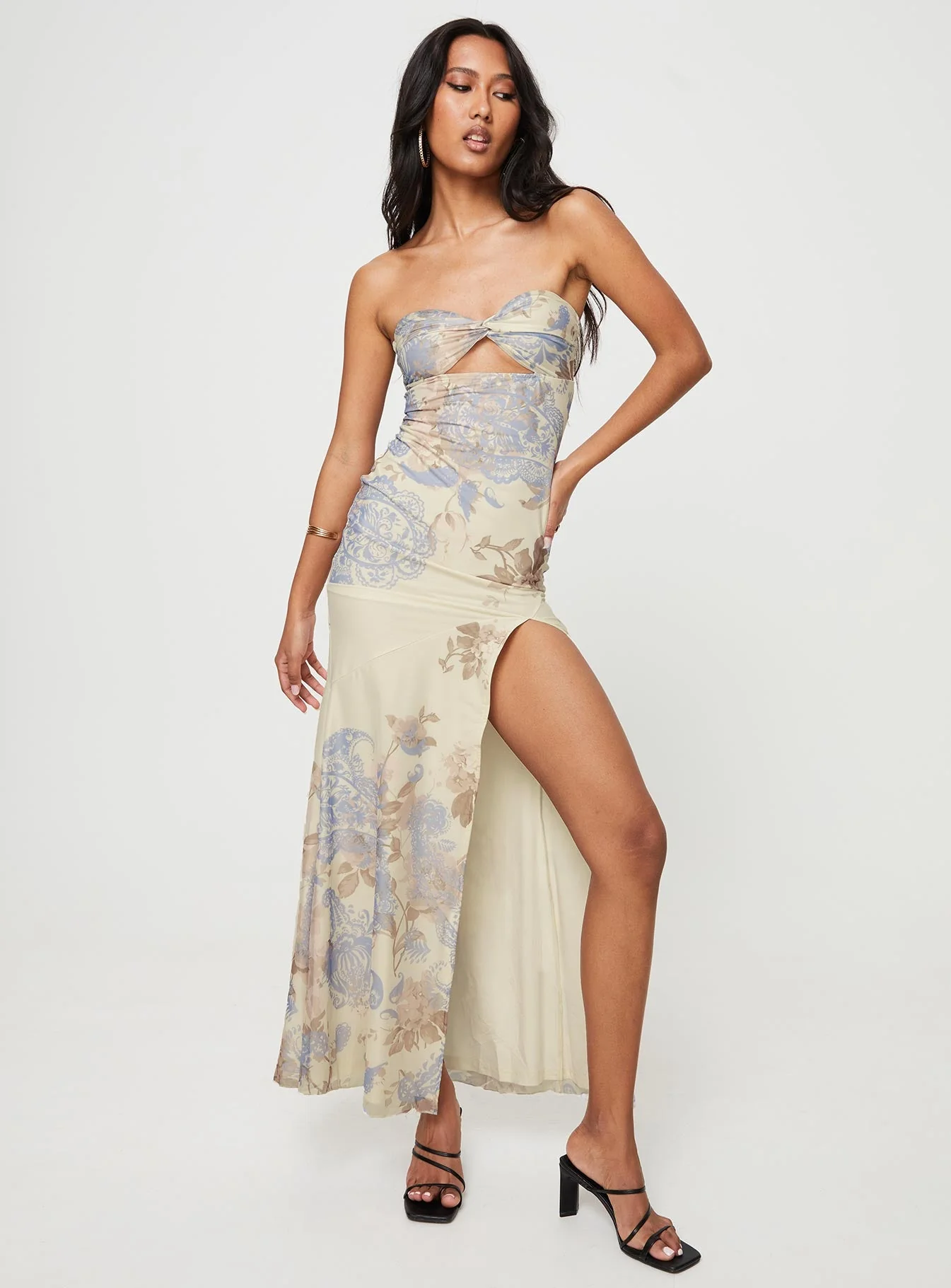 Kyanne High Split Maxi Dress Cream Multi - Image 2