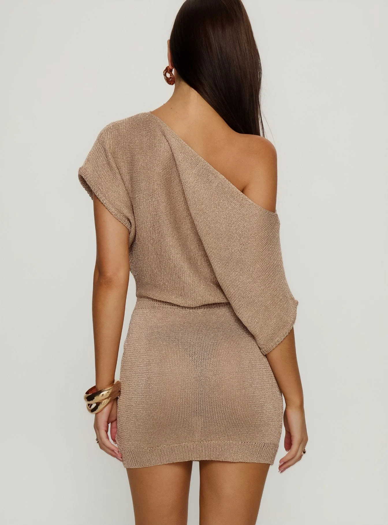 Kysa Off Shoulder Knit Mini Dress Beige - Image 5