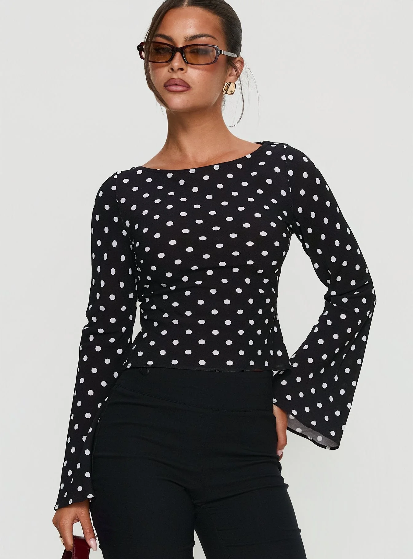 Lady Lady Long Sleeve Backless Top Black / White Polka - Image 2