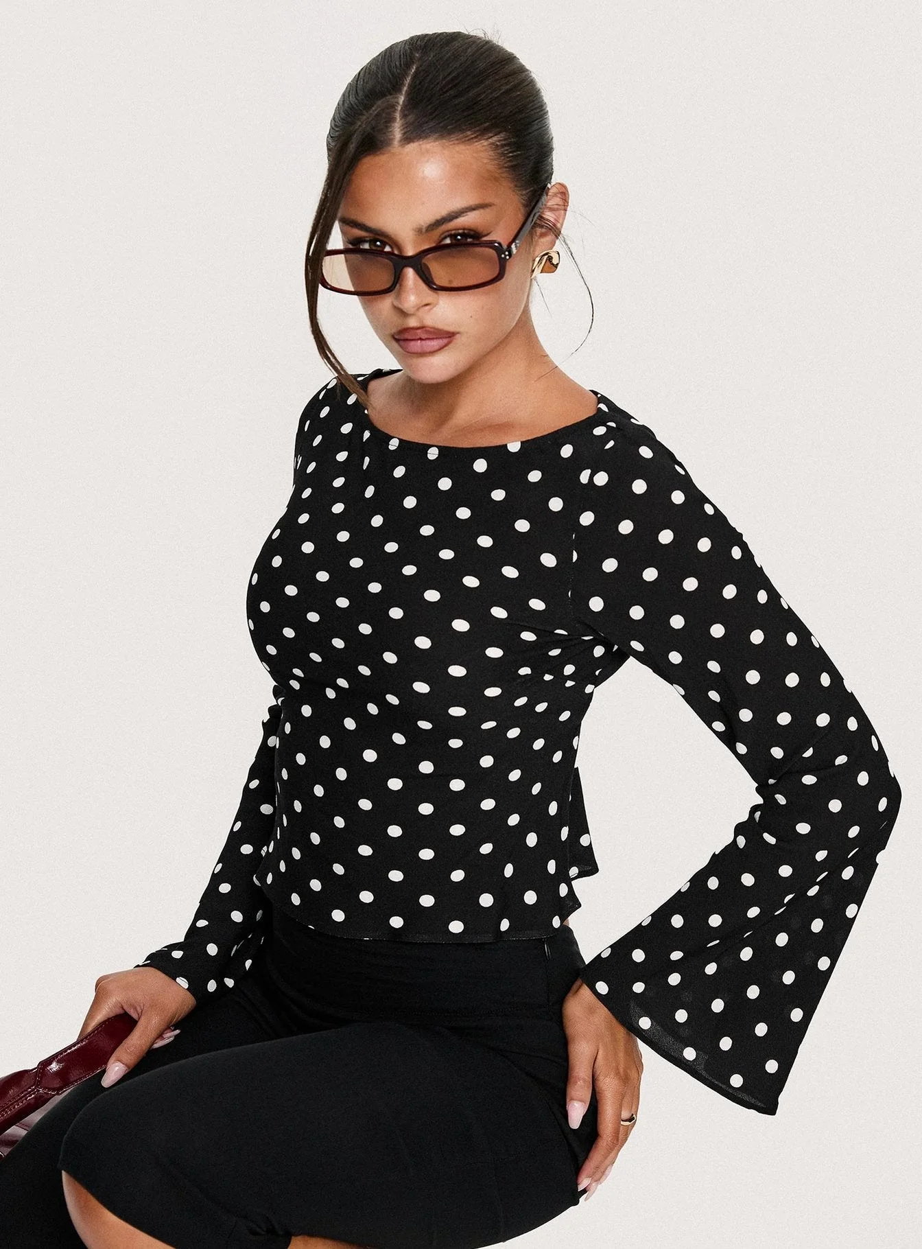 Lady Lady Long Sleeve Backless Top Black / White Polka - Image 8