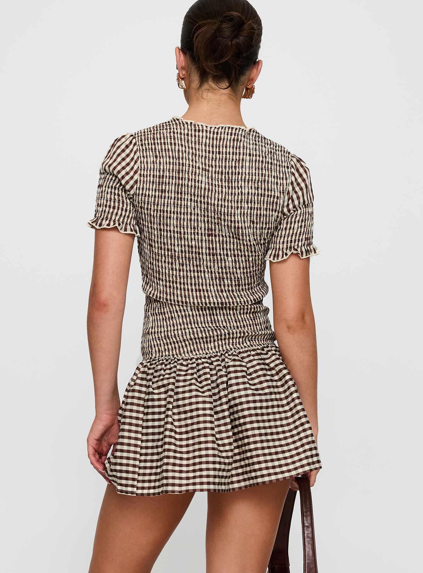 Laurita Shirred Mini Dress Brown Check - Image 5