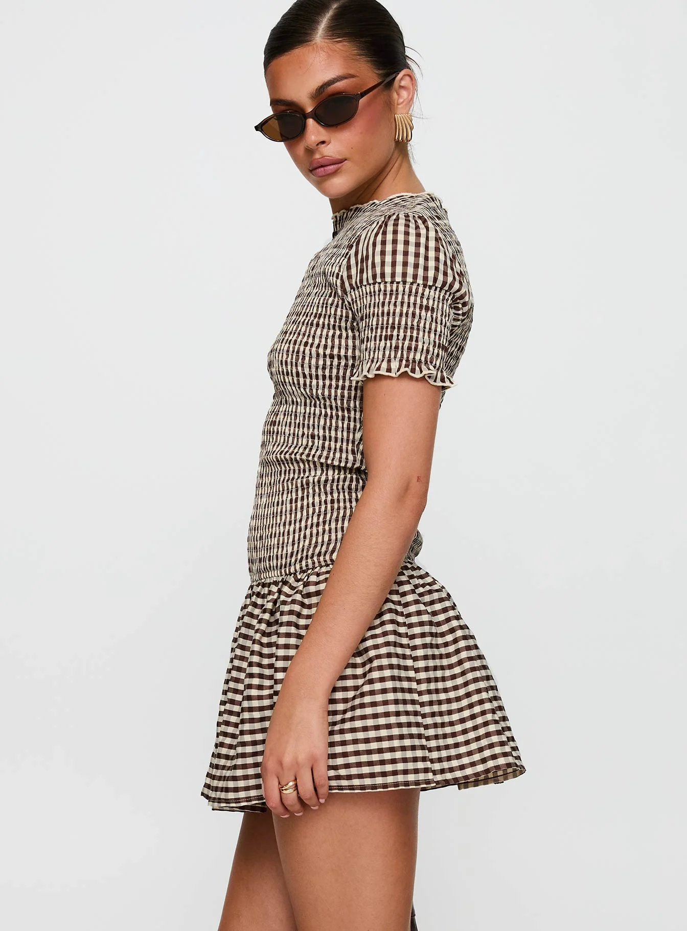 Laurita Shirred Mini Dress Brown Check Tall - Image 4