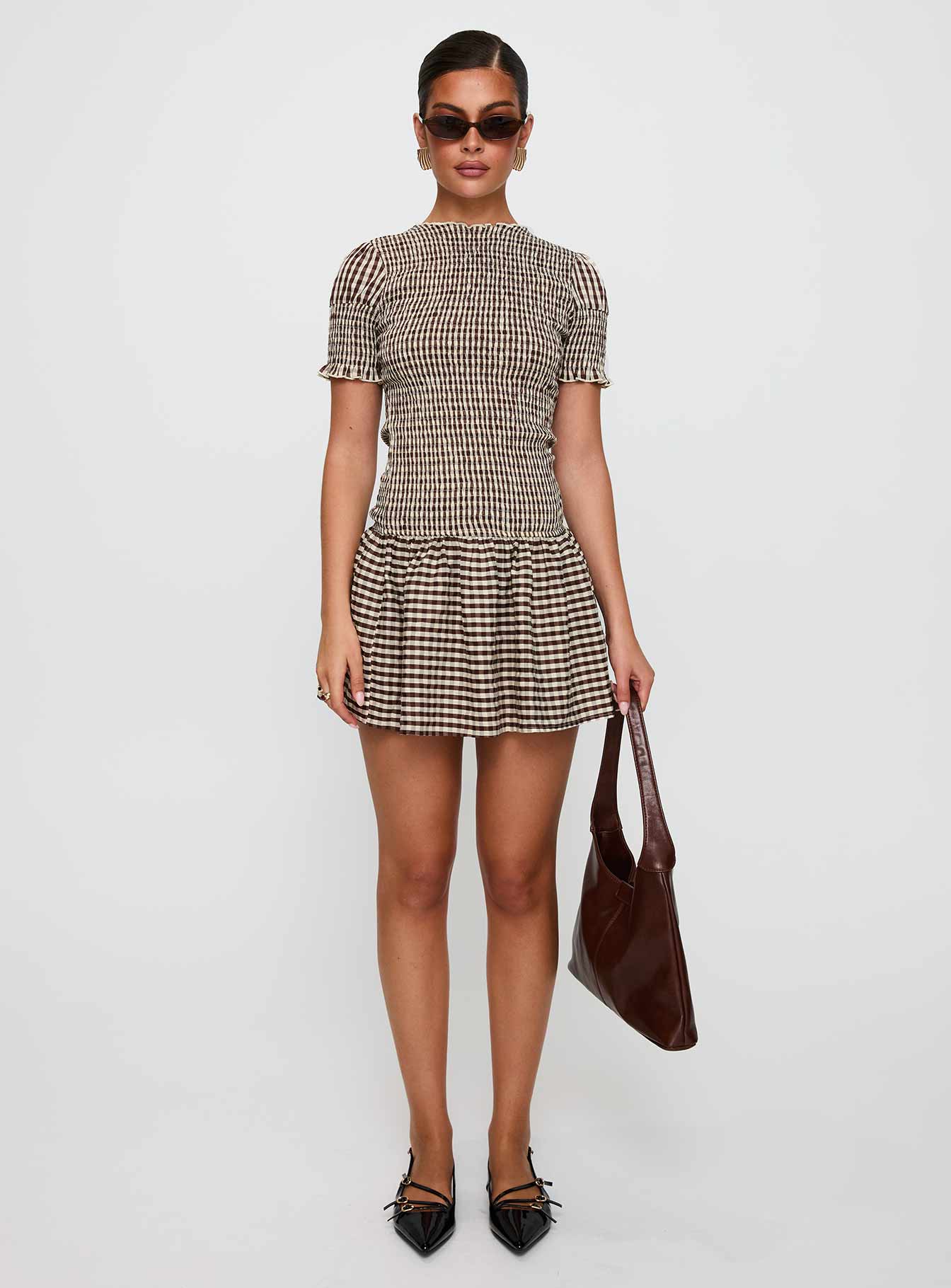 Laurita Shirred Mini Dress Brown Check Tall - Image 7