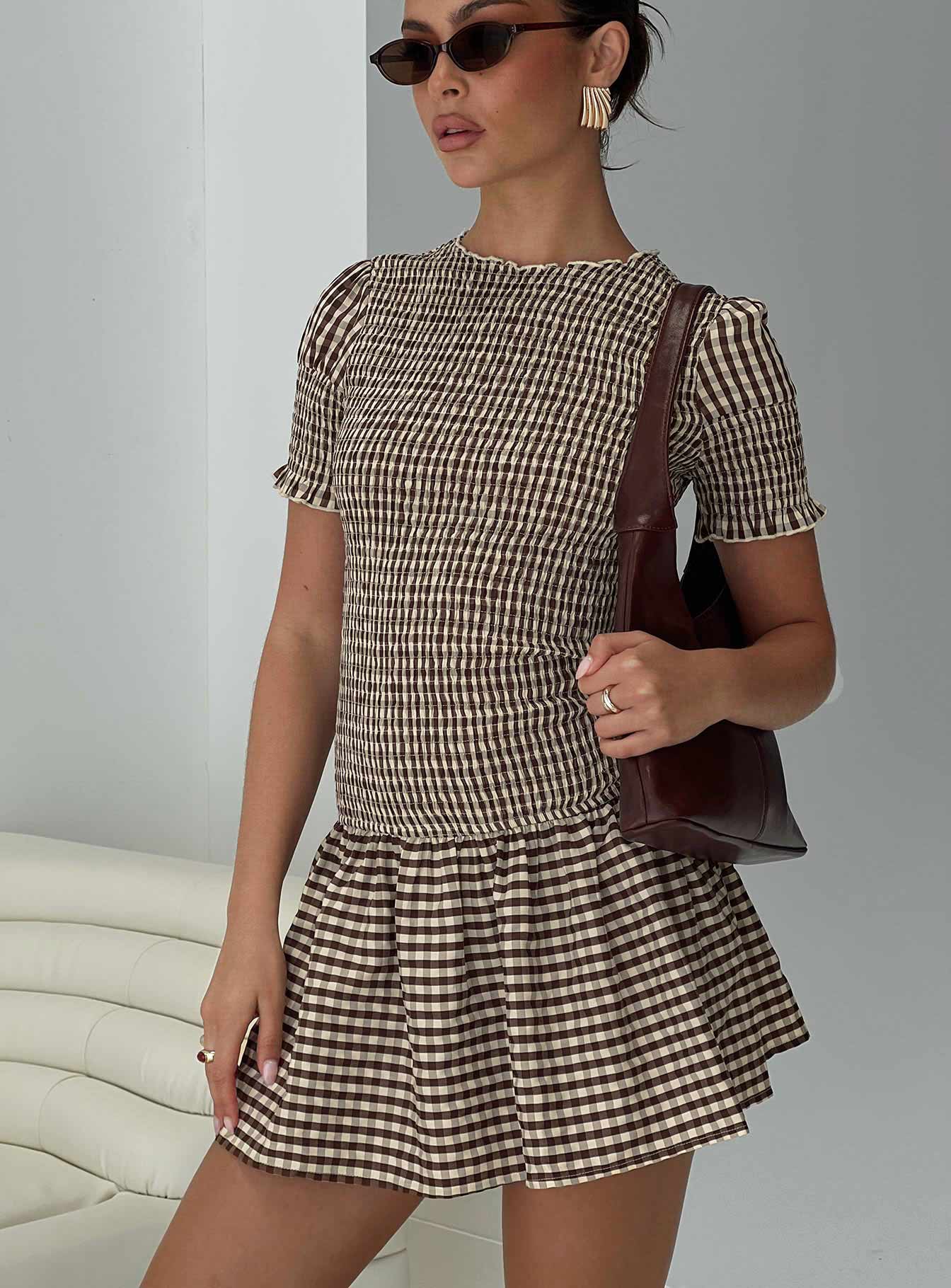 Laurita Shirred Mini Dress Brown Check Tall - Image 8