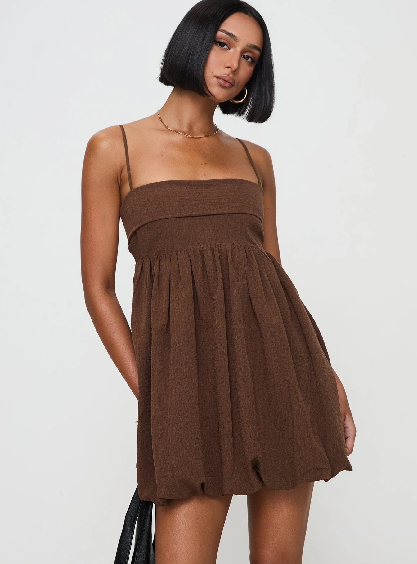 Layken Bubble Hem Mini Dress Chocolate - Image 2
