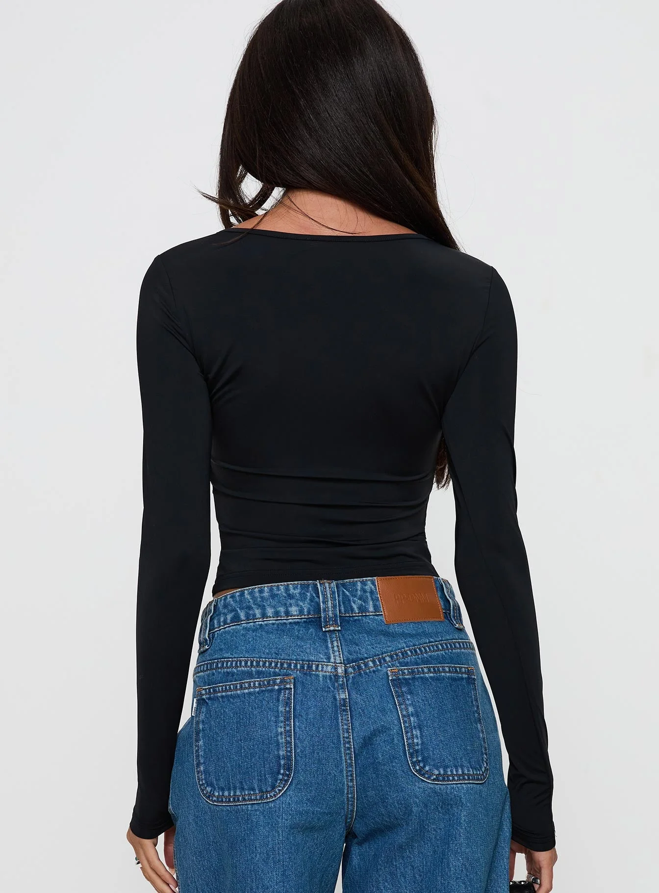 Layna Long Sleeve Plunge Neck Top Black - Image 4