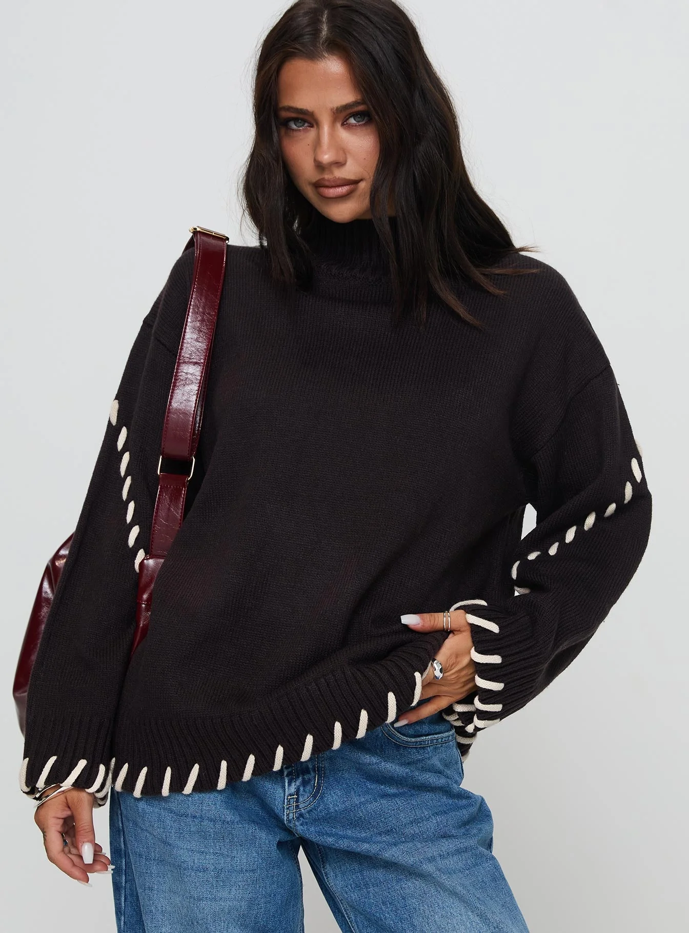 Leizure Turtleneck Knit Sweater Brown - Image 2