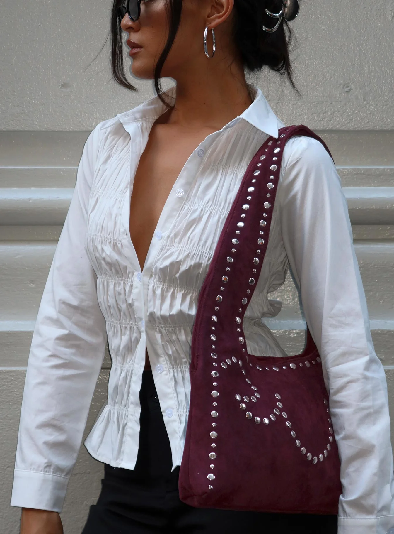 Lemoni Faux Suede Stud Bag Burgundy - Image 7