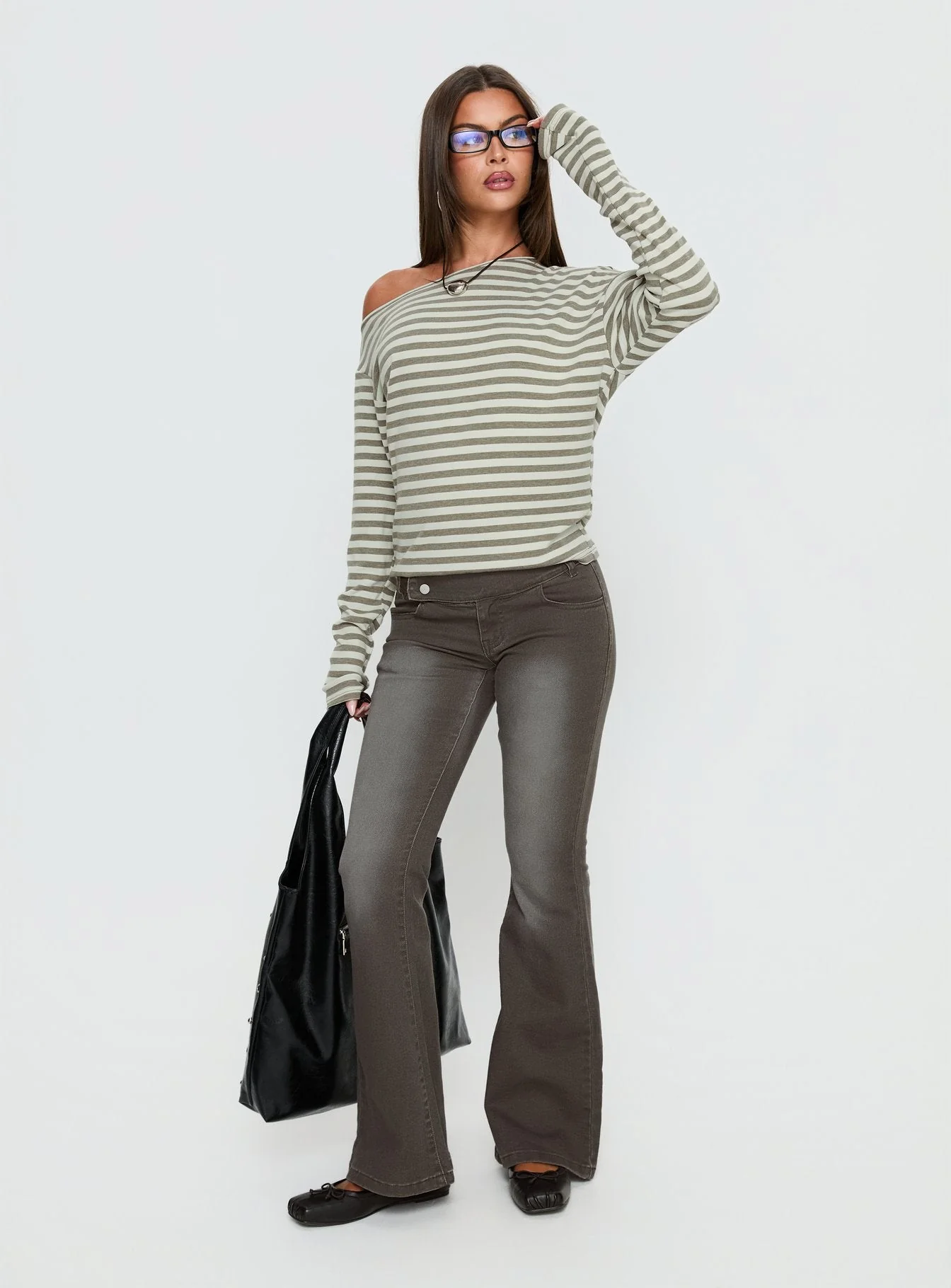 Lenorah Off Shoulder Long Sleeve Top Grey Stripe - Image 2