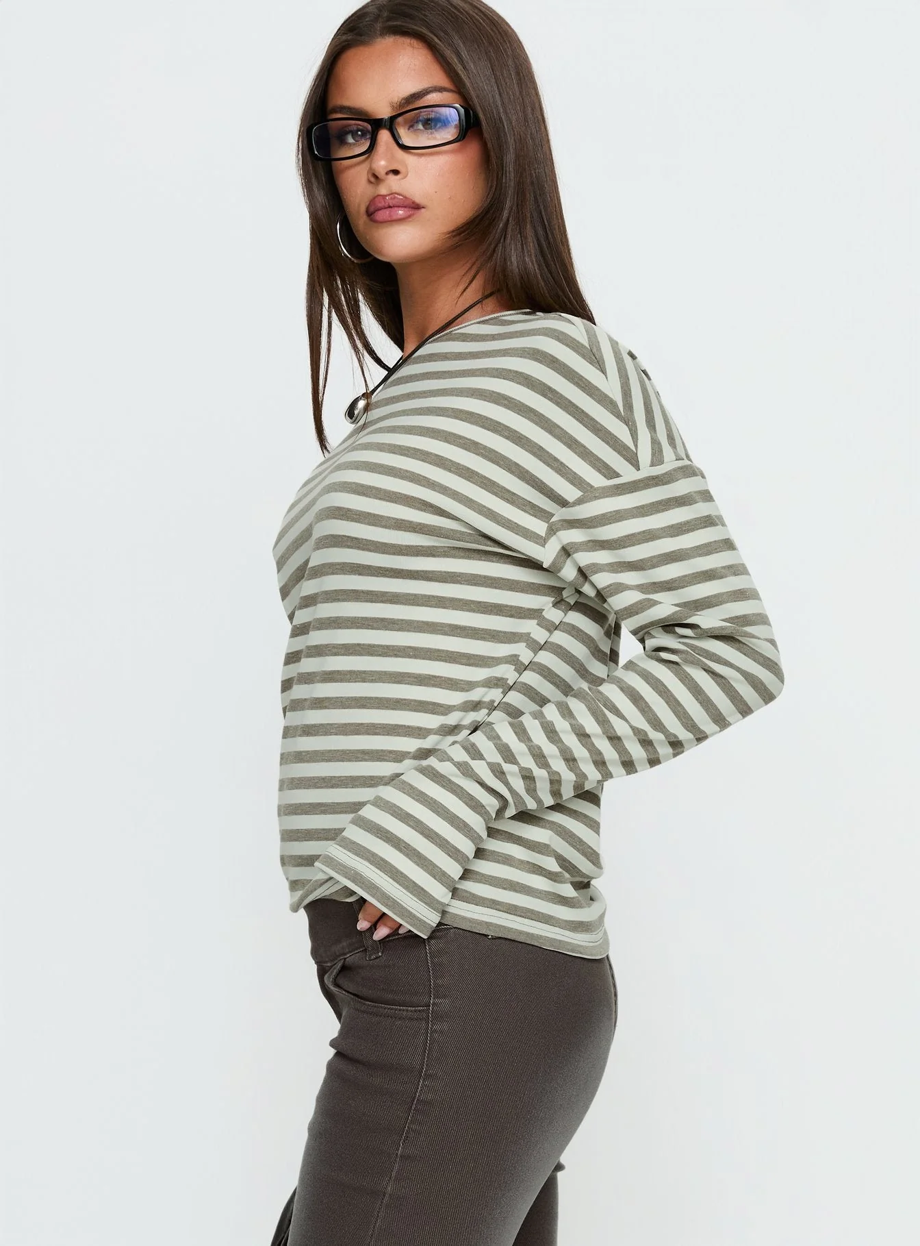 Lenorah Off Shoulder Long Sleeve Top Grey Stripe - Image 3