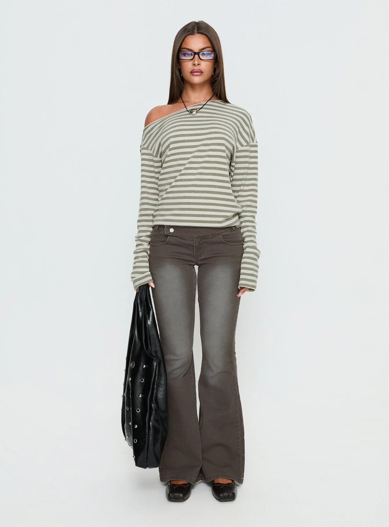 Lenorah Off Shoulder Long Sleeve Top Grey Stripe - Image 6
