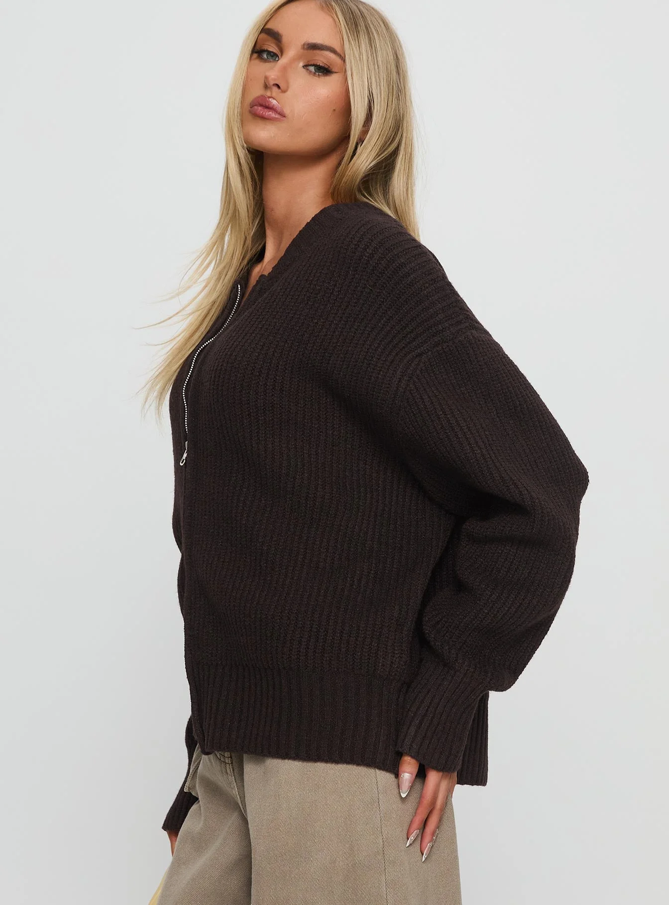 Lexene Zip Through Jumper Chocolate - Image 4